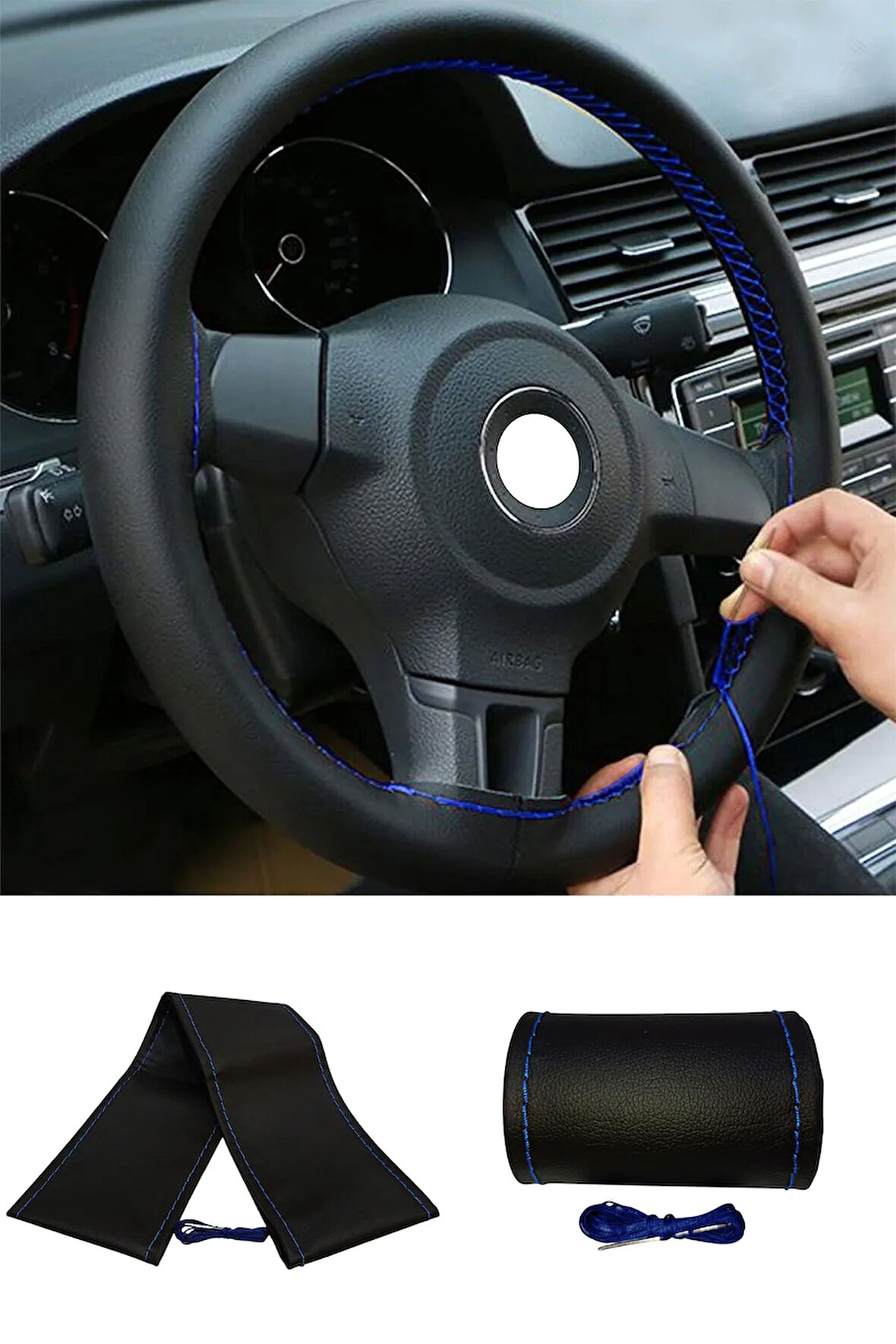 Seat Toledo 2012 Ve Sonrası Uyumlu Direksiyon Kılıfı Dikmeli Siyah Deri / Mavi Dikişli