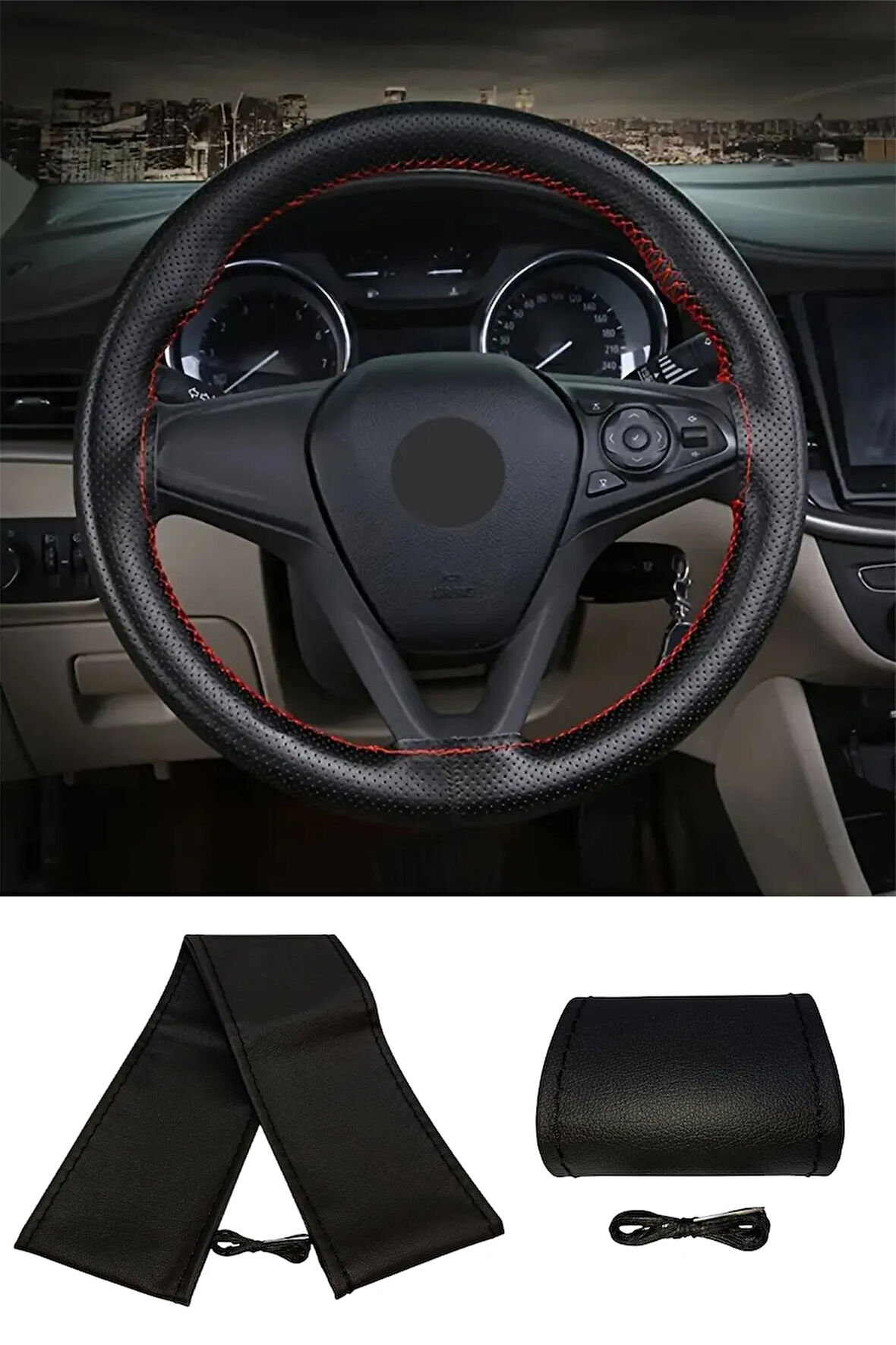 Volkswagen Polo 6R 2009-2017 Uyumlu Direksiyon Kılıfı Dikmeli Siyah Deri / Siyah Dikişli