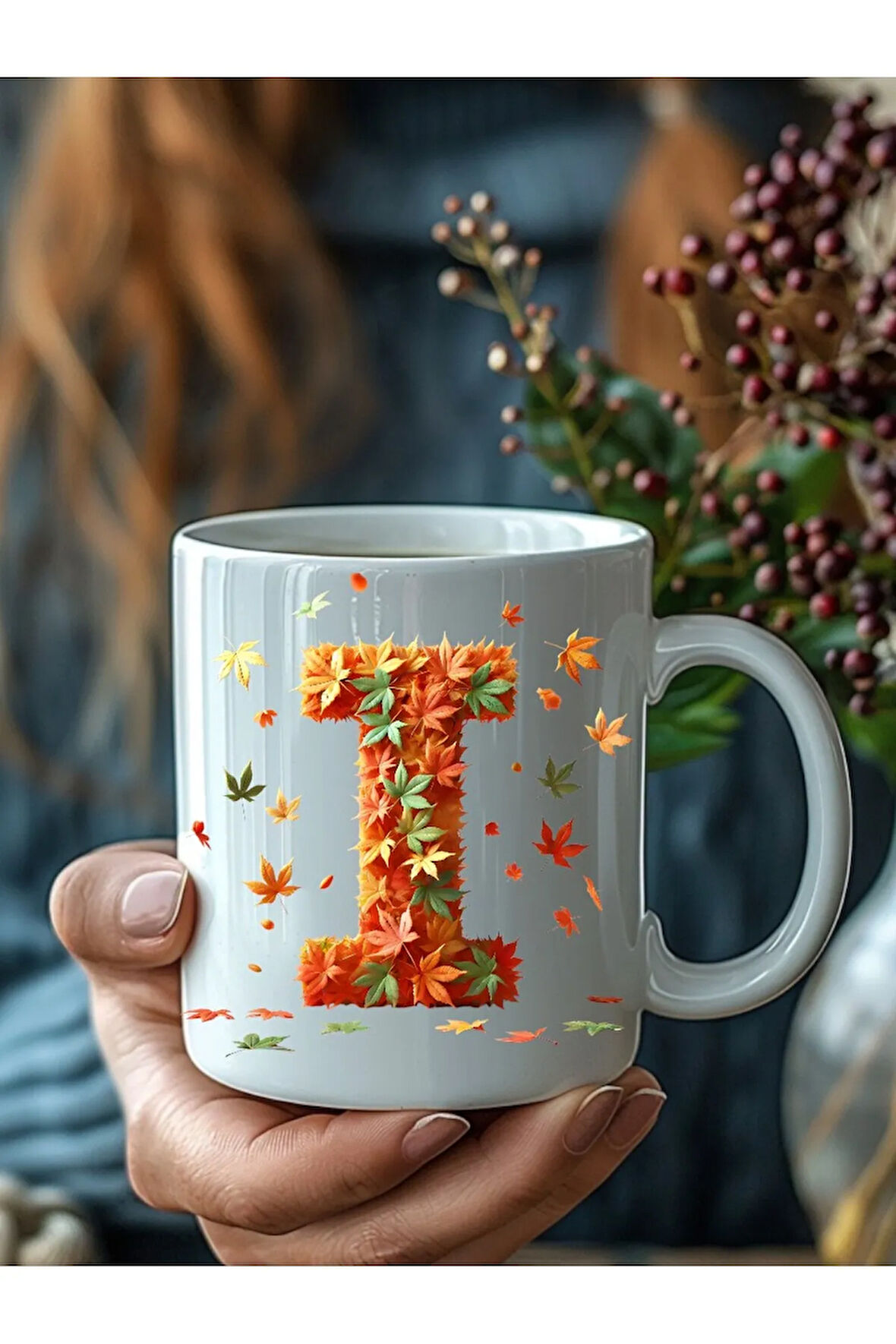 Sonbahar Yaprağı Şeklinde Harf 3 Boyutlu Tasarım Seramik Kupa Mug - Hediyelik Kupa