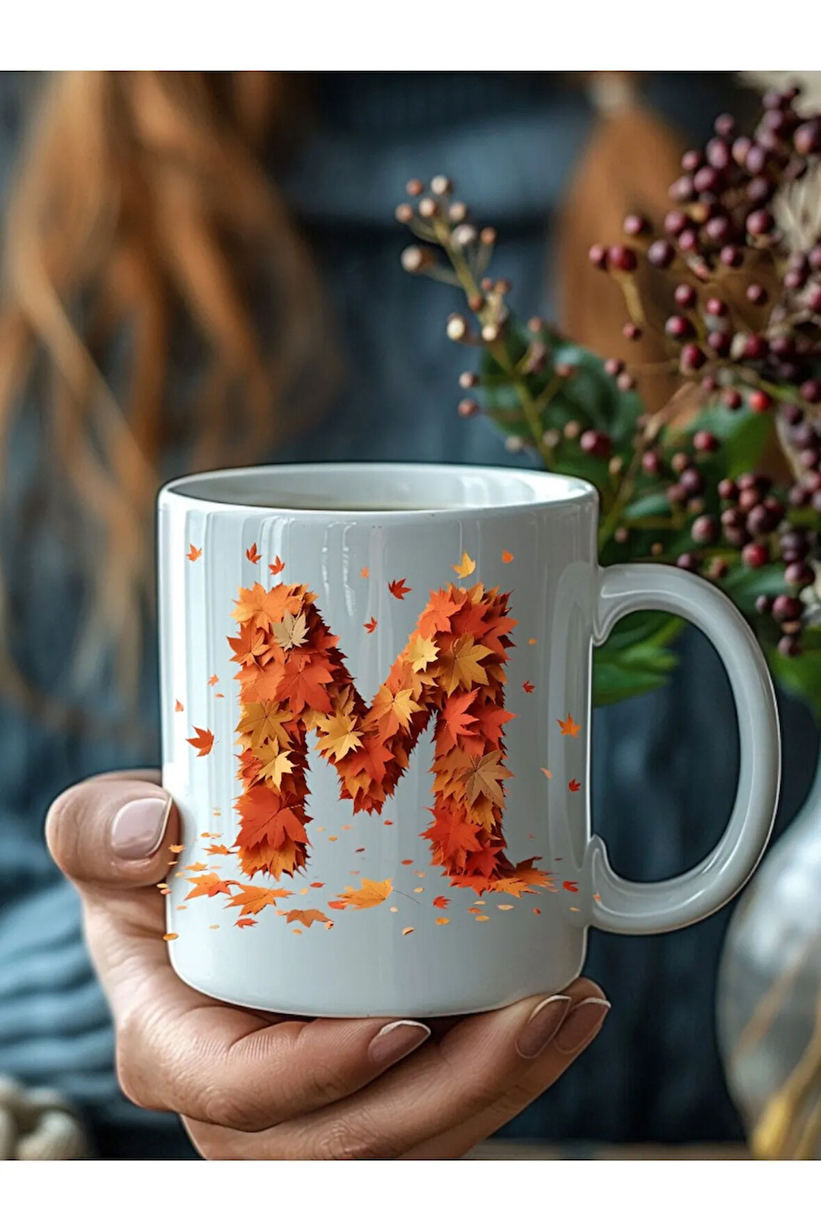 Sonbahar Yaprağı Şeklinde Harf 3 Boyutlu Tasarım Seramik Kupa Mug - Hediyelik Kupa