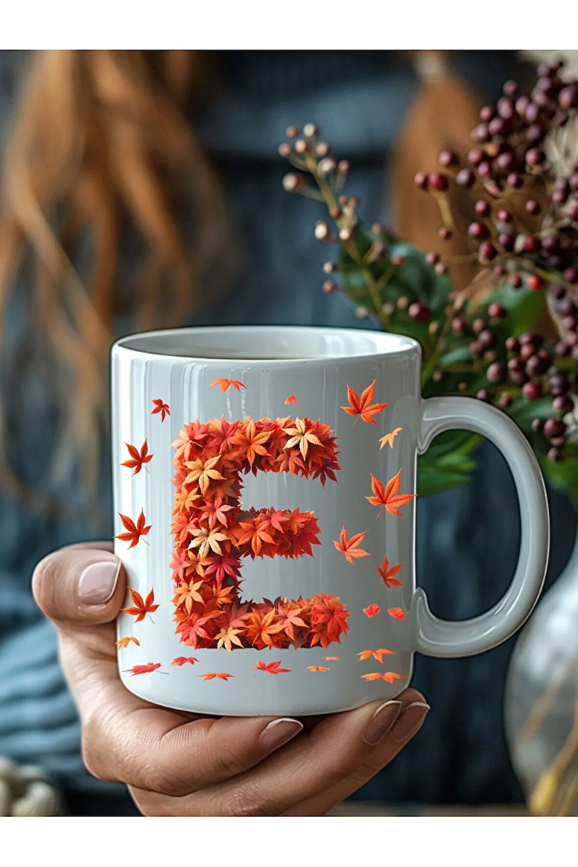 Sonbahar Yaprağı Şeklinde Harf 3 Boyutlu Tasarım Seramik Kupa Mug - Hediyelik Kupa