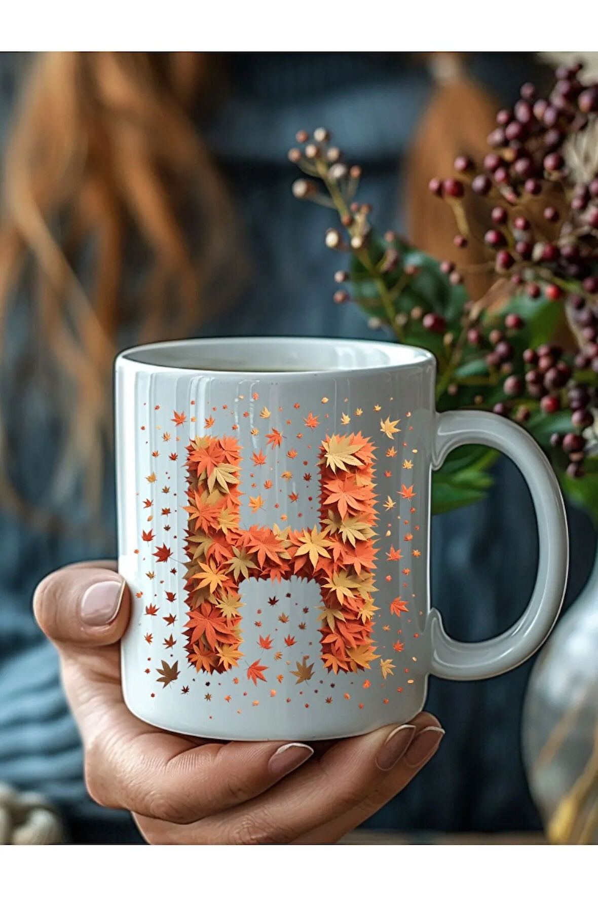 Sonbahar Yaprağı Şeklinde Harf 3 Boyutlu Tasarım Seramik Kupa Mug - Hediyelik Kupa