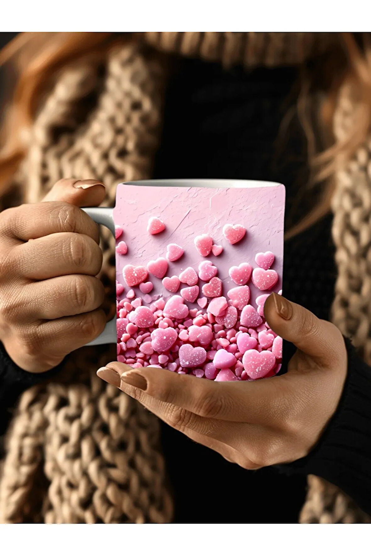 Kalp Baskılı 3D Tasarım Seramik Kupa Mug - Kupa Bardak