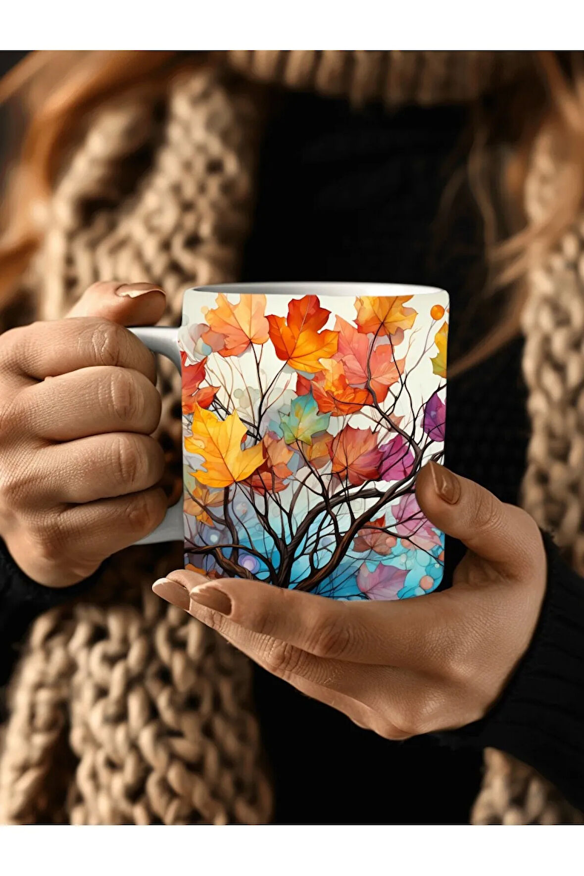 Sonbahar Çiçekler Şeklinde 3 Boyutlu Tasarım Seramik Kupa Mug - Hediyelik Kupa