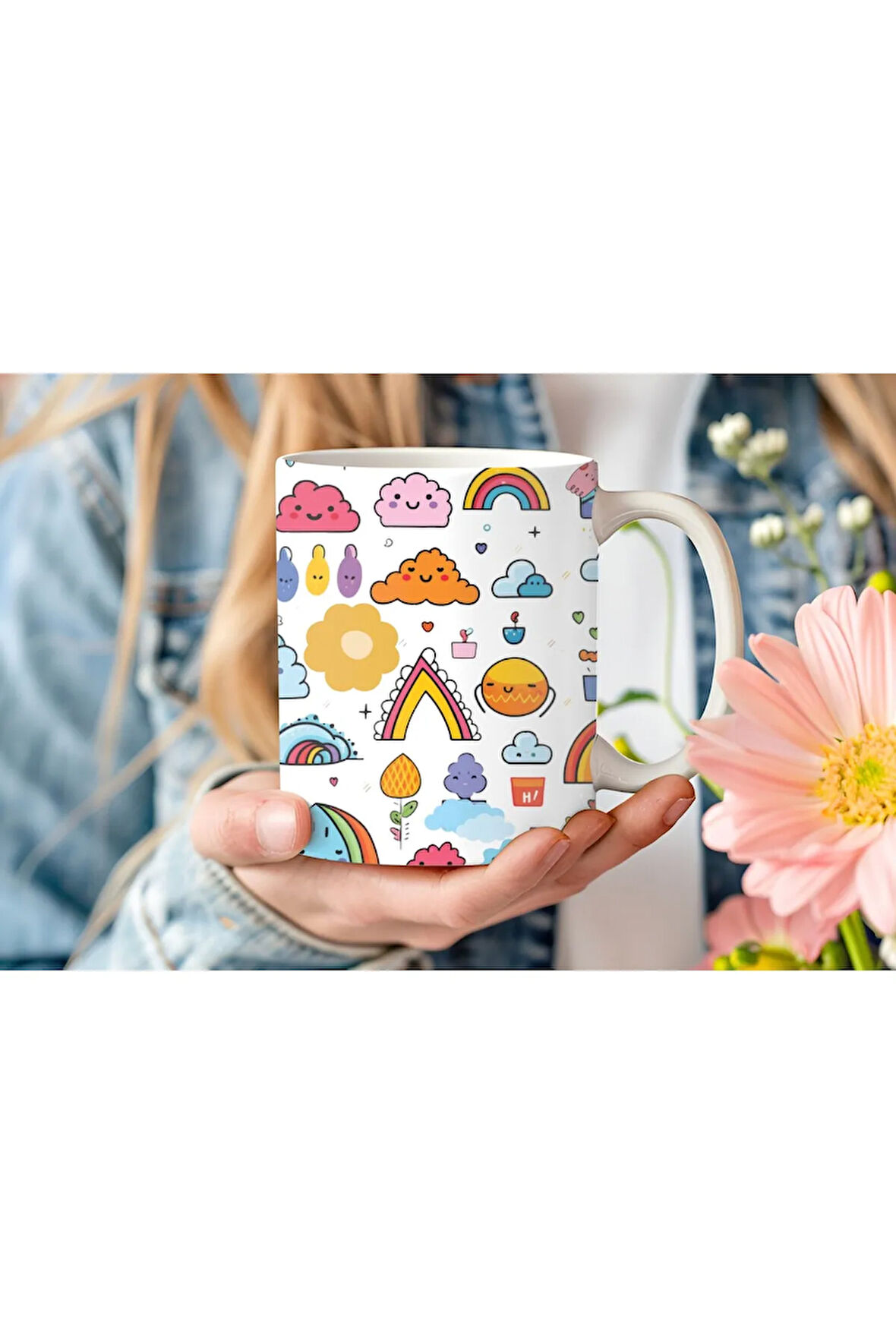 Renkli Karışık Çiçek Şeklinde 3 Boyutlu Tasarım Seramik Kupa Mug - Hediyelik Kupa