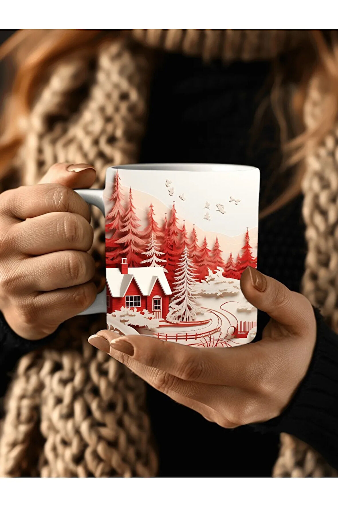 Kış Konseptli 3 Boyutlu Tasarım Seramik Kupa Mug - Hediyelik Kupa Bardak