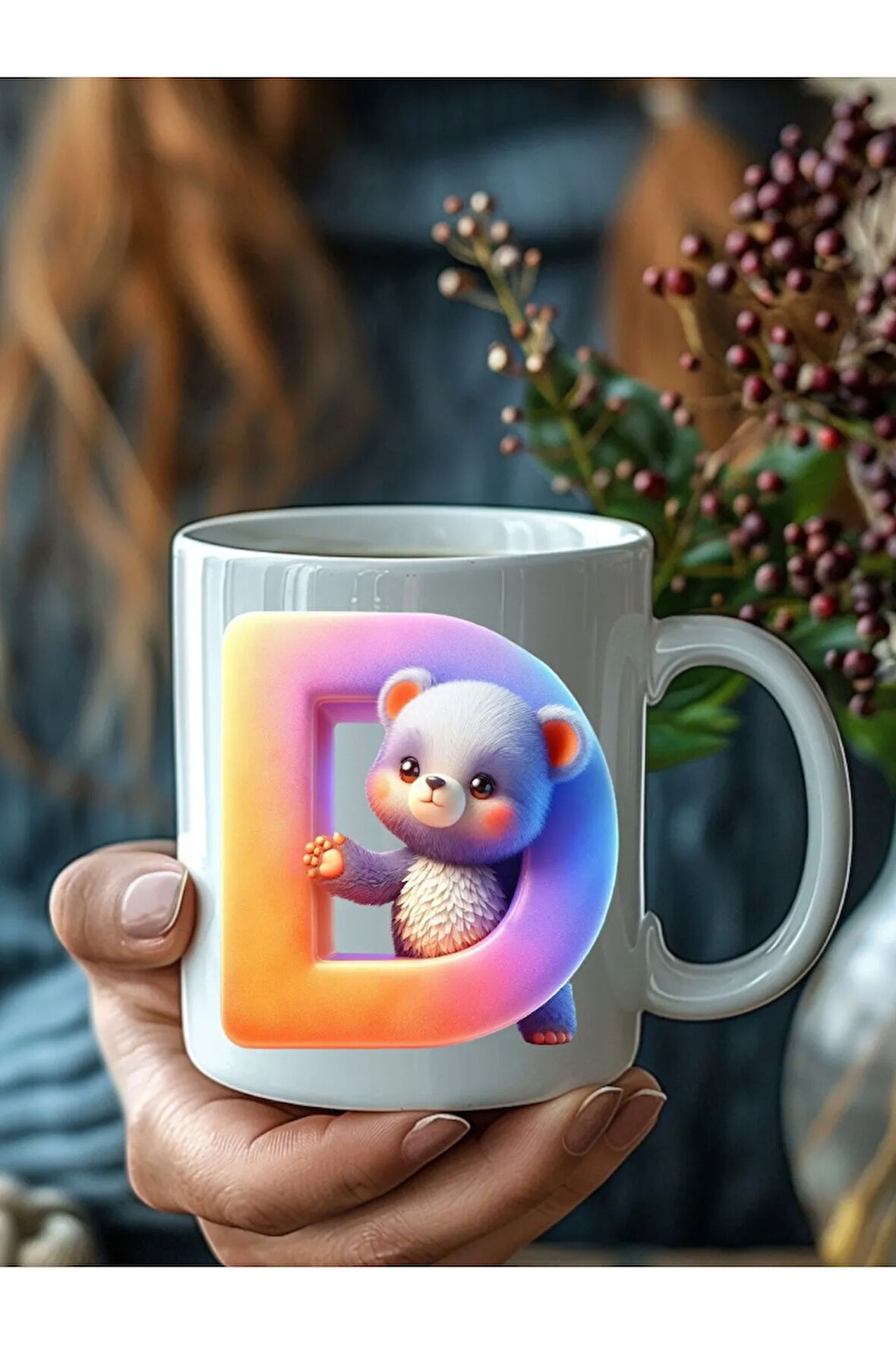 Ayıcıklı Harf Şeklinde Kişiye Özel 3 Boyutlu Tasarım Seramik Kupa Mug - Hediyelik Kupa Bardak