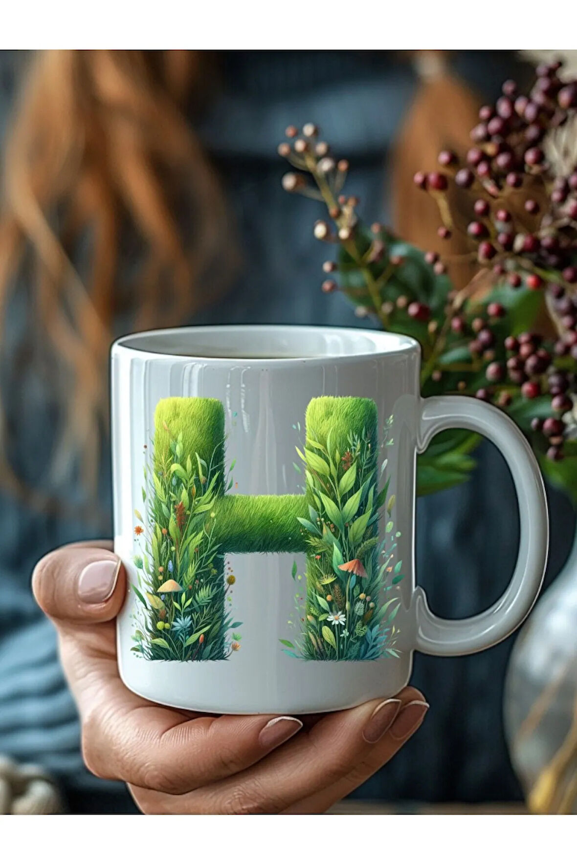 Çim Çimen Şeklinde Harf Kişiye Özel 3 Boyutlu Tasarım Seramik Kupa Mug - Hediyelik Kupa