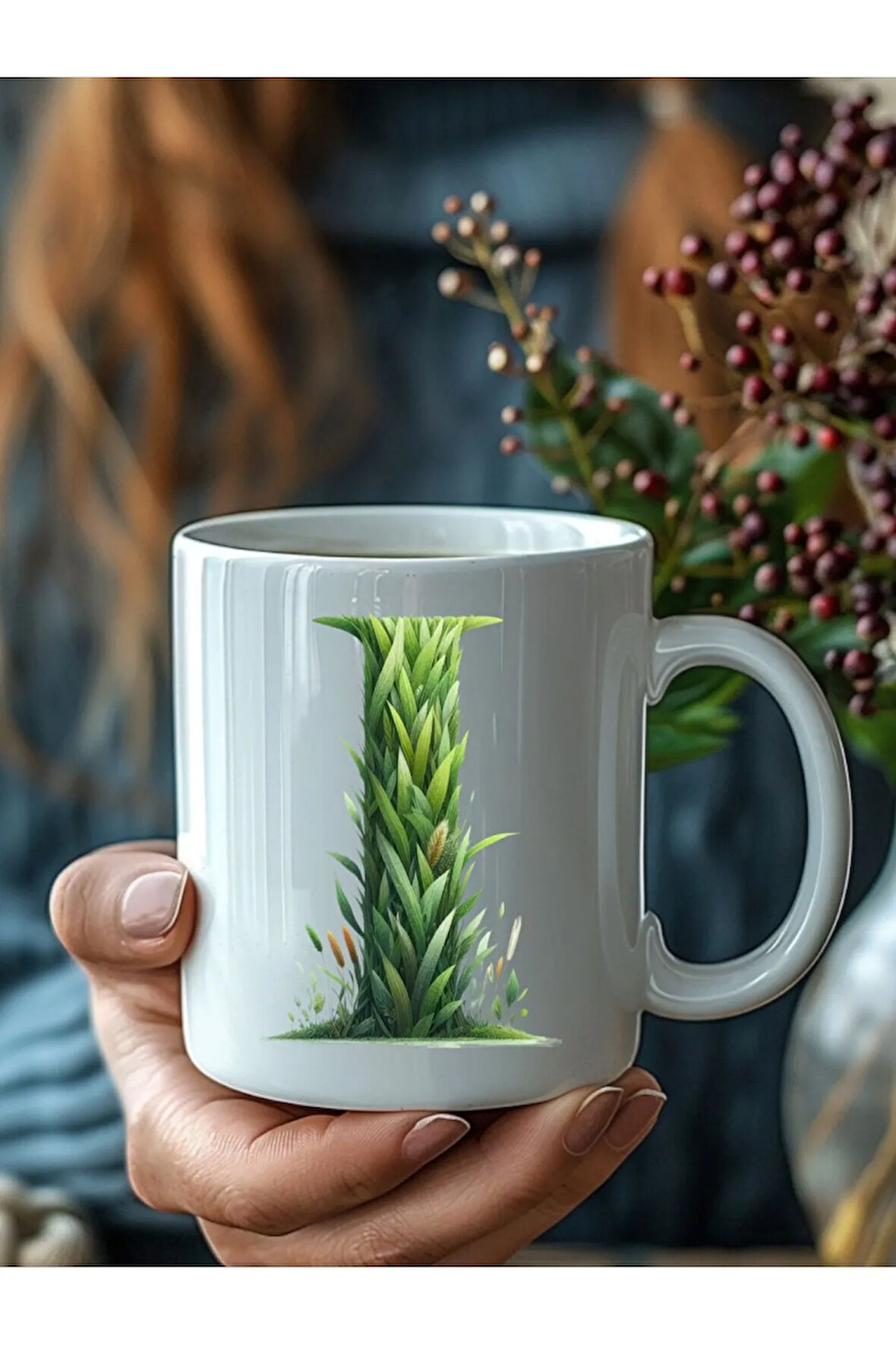 Çim Çimen Şeklinde Harf Kişiye Özel 3 Boyutlu Tasarım Seramik Kupa Mug - Hediyelik Kupa