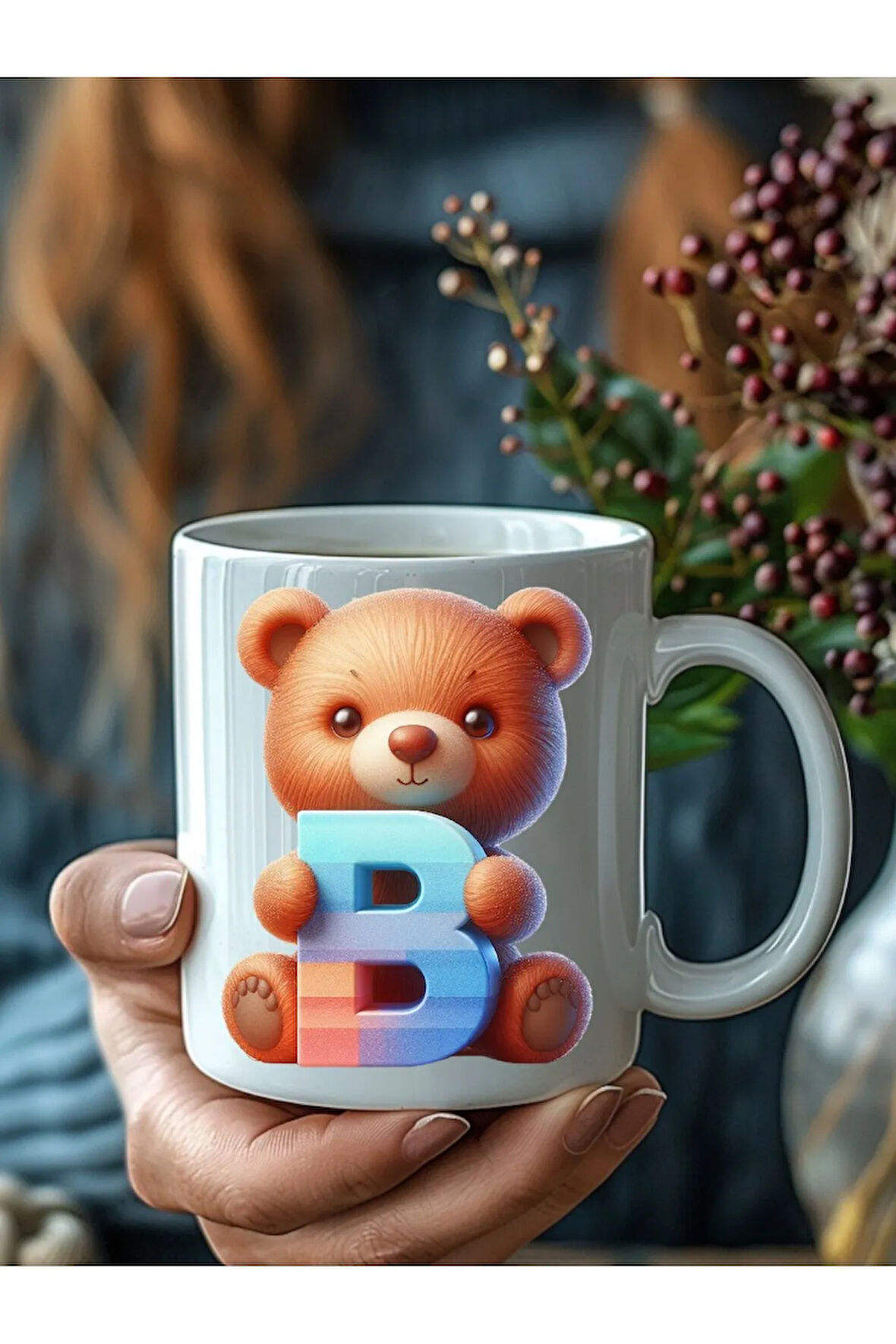 Ayıcıklı Harf Şeklinde Kişiye Özel 3 Boyutlu Tasarım Seramik Kupa Mug - Hediyelik Kupa Bardak