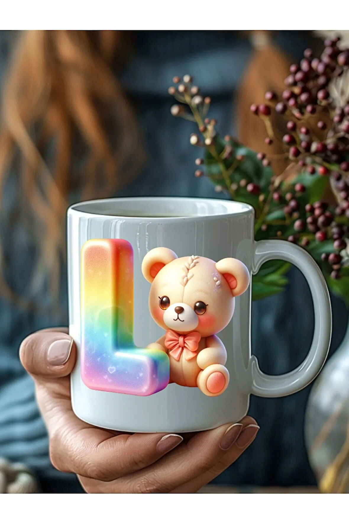 Ayıcıklı Harf Şeklinde Kişiye Özel 3 Boyutlu Tasarım Seramik Kupa Mug - Hediyelik Kupa Bardak