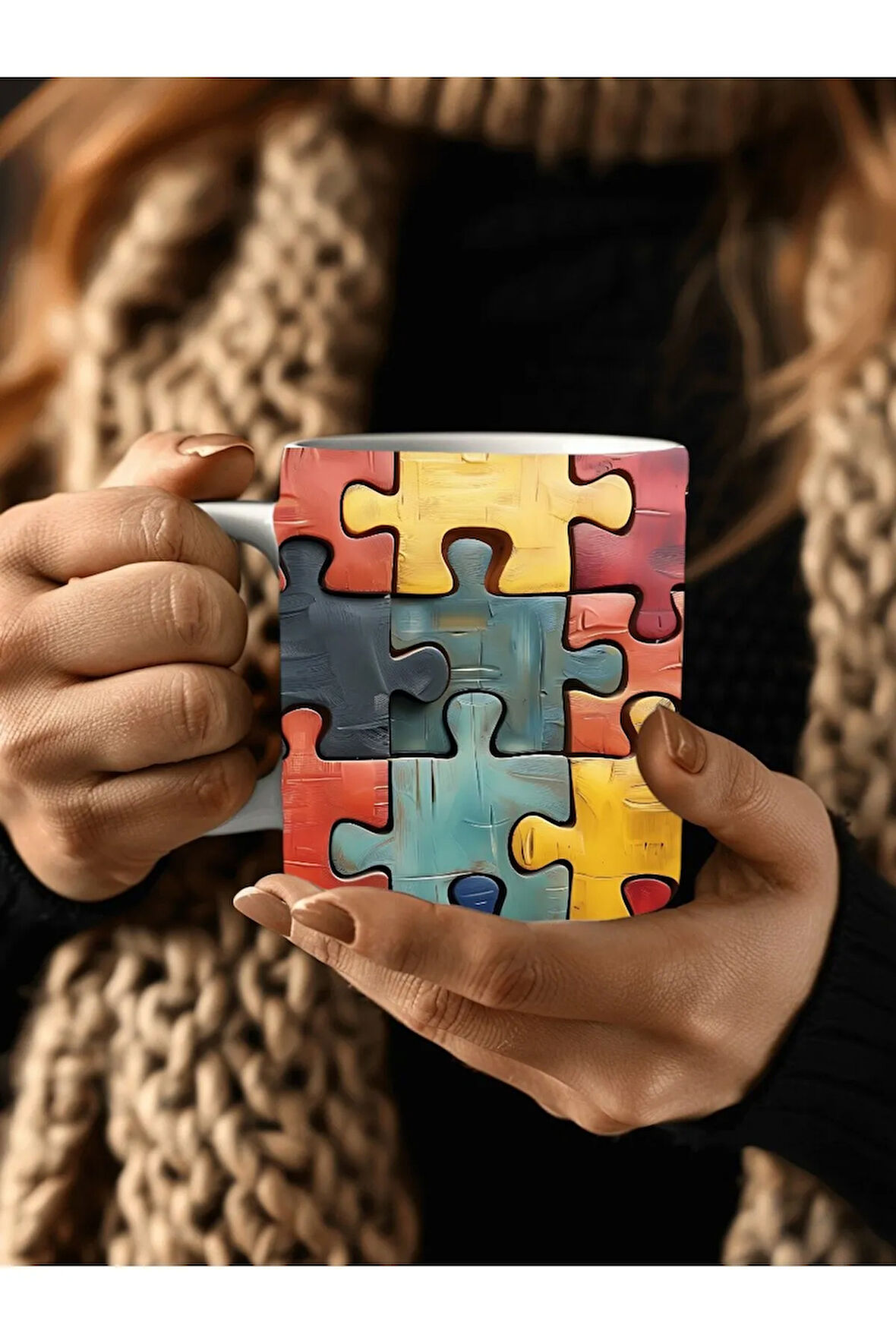 Yapboz - Puzzle Temalı 3 Boyutlu Tasarım Seramik Kupa Mug - Hediyelik Kupa