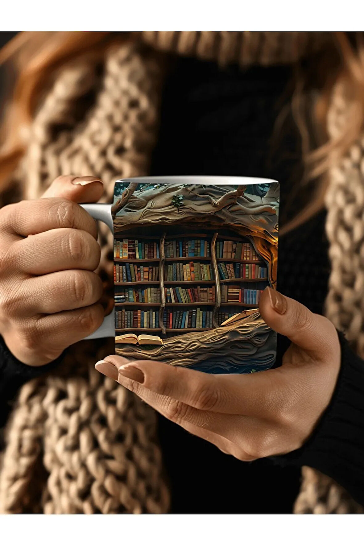 Mağara Ve Ağaç İçi Kitaplık Kütüphane Baskılı 3D Tasarım Seramik Kupa Mug - Hediyelik