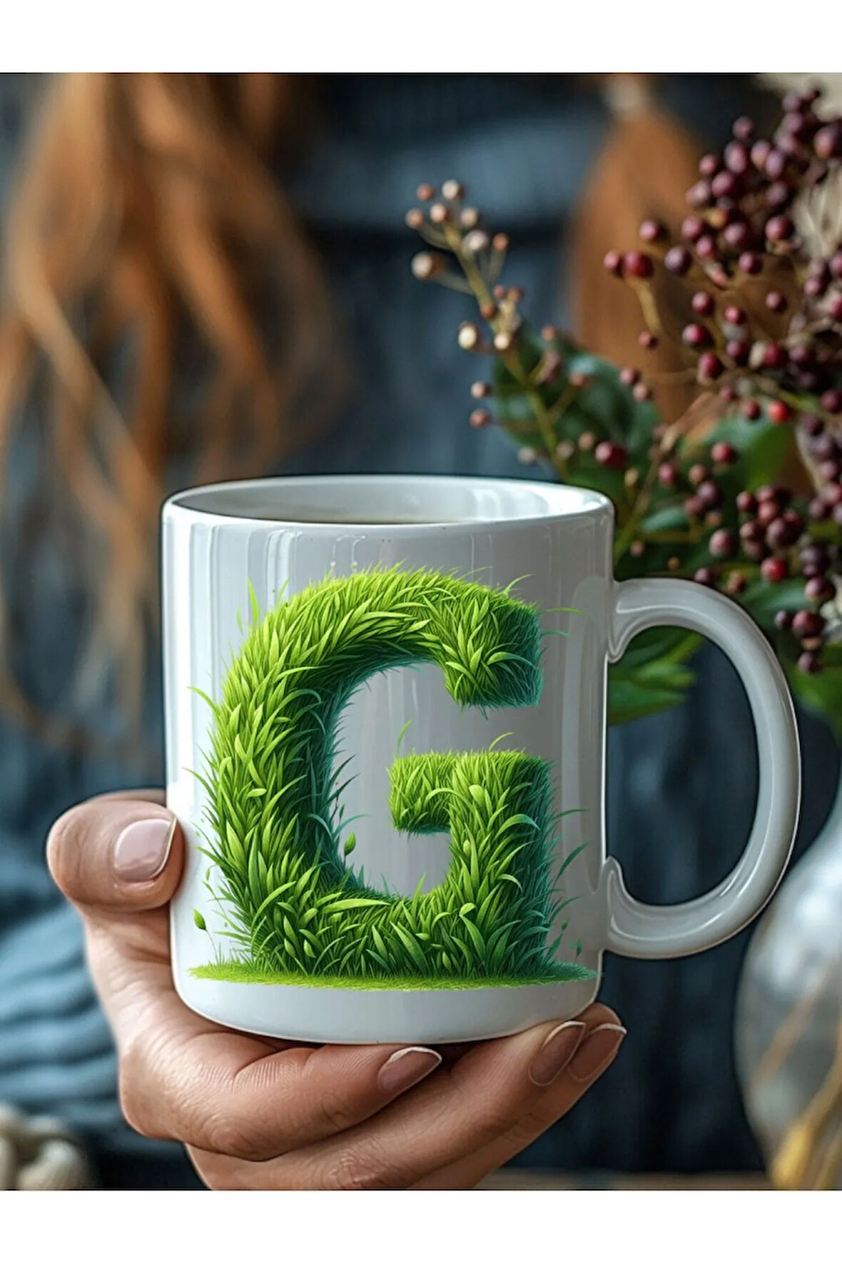 Çim Çimen Şeklinde Harf Kişiye Özel 3 Boyutlu Tasarım Seramik Kupa Mug - Hediyelik Kupa
