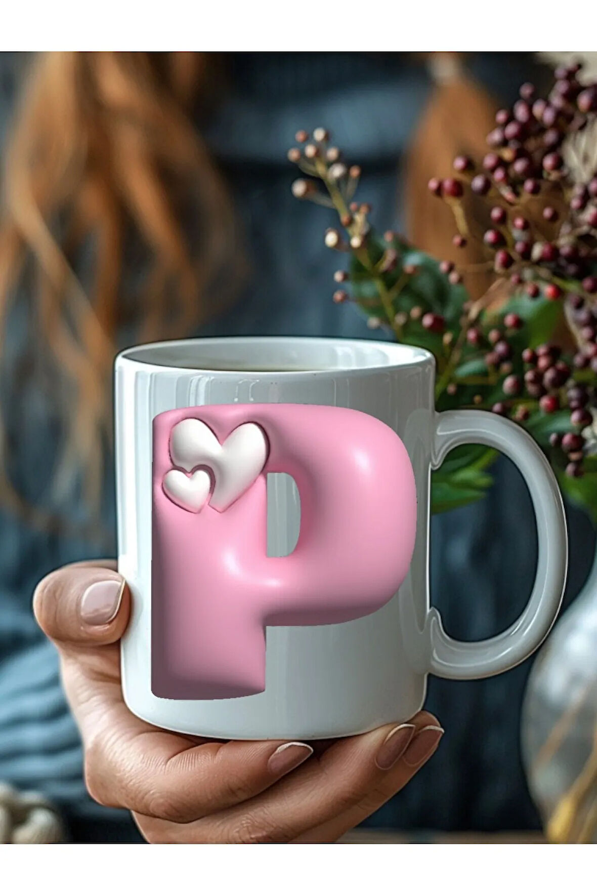 Kalpli Harf Şeklinde Kişiye Özel 3 Boyutlu Tasarım Seramik Kupa Mug - Hediyelik