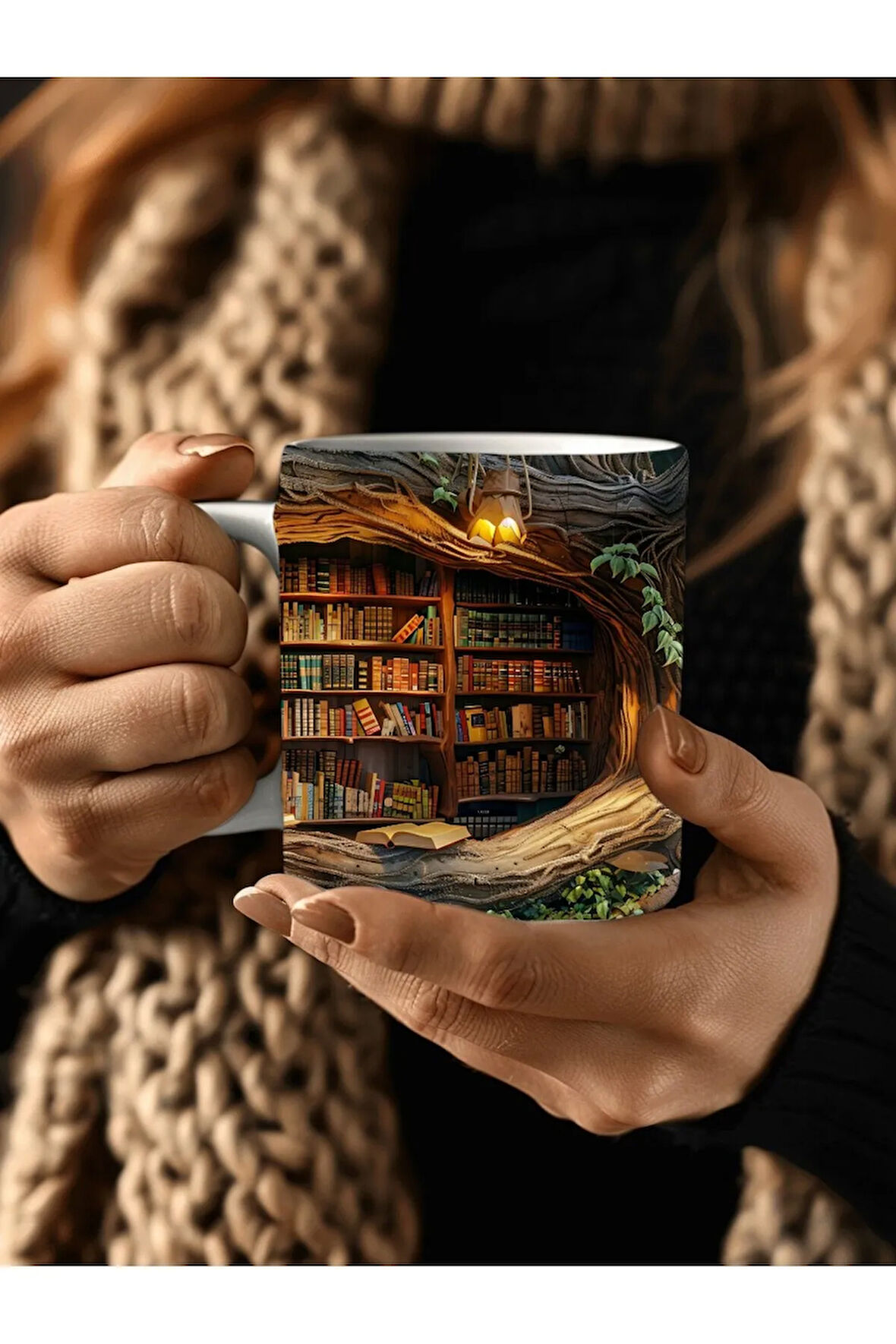 Mağara Ve Ağaç İçi Kitaplık Kütüphane Baskılı 3D Tasarım Seramik Kupa Mug - Hediyelik