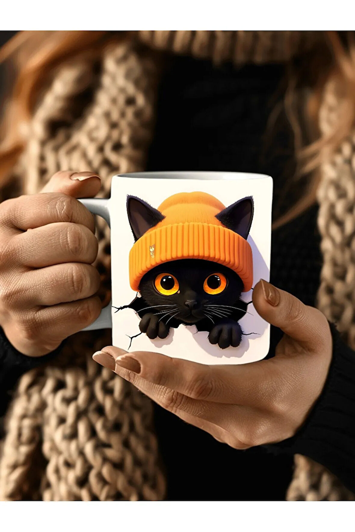 Bereli Kedi Çatlak Duvar Temalı 3 Boyutlu Tasarım Seramik Kupa Mug - Hediyelik Kupa