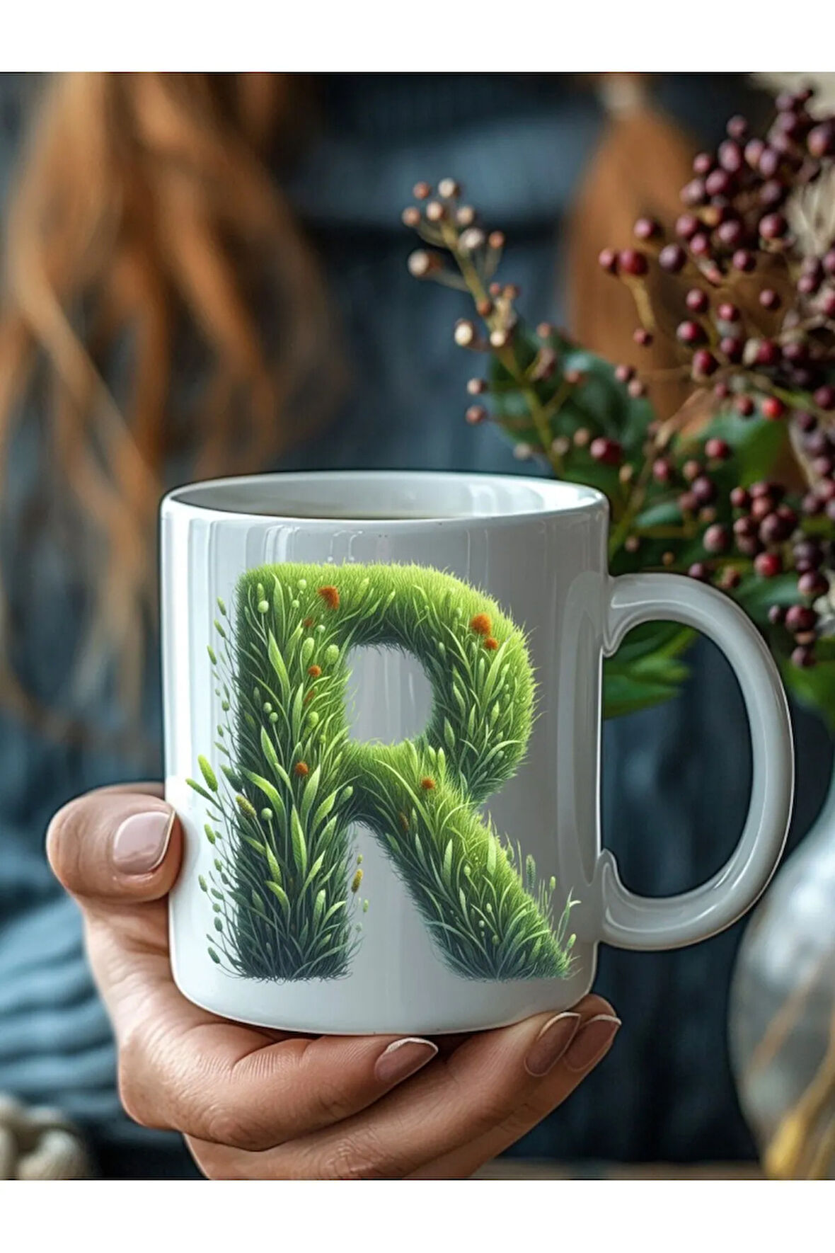 Çim Çimen Şeklinde Harf Kişiye Özel 3 Boyutlu Tasarım Seramik Kupa Mug - Hediyelik Kupa