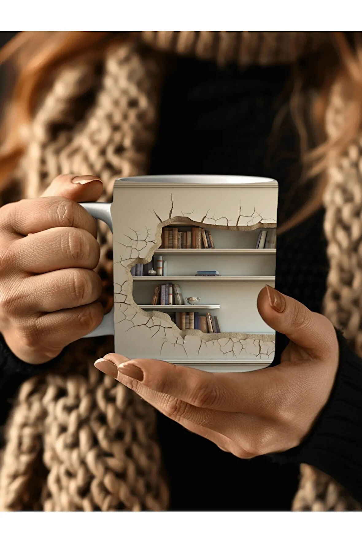 Mağara Ve Ağaç İçi Kitaplık Kütüphane Baskılı 3D Tasarım Seramik Kupa Mug - Hediyelik