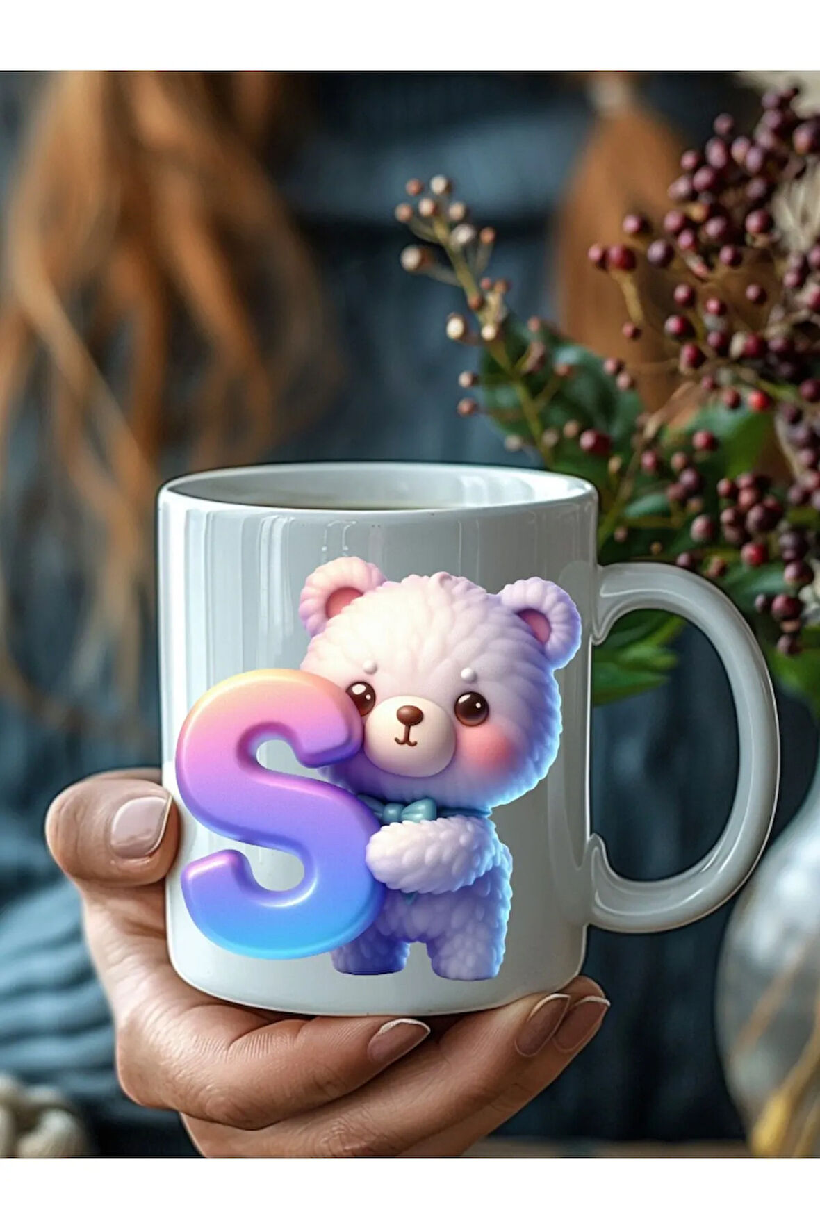 Ayıcıklı Harf Şeklinde Kişiye Özel 3 Boyutlu Tasarım Seramik Kupa Mug - Hediyelik Kupa Bardak