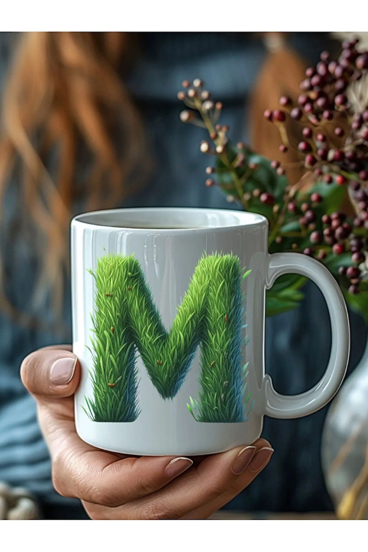 Çim Çimen Şeklinde Harf Kişiye Özel 3 Boyutlu Tasarım Seramik Kupa Mug - Hediyelik Kupa