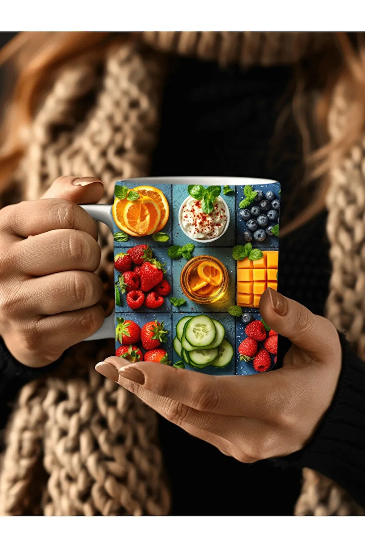 Meyveli Özel Tasarım Seramik Kupa Mug - Hediyelik Kupa Bardak - Meyve Tabağı