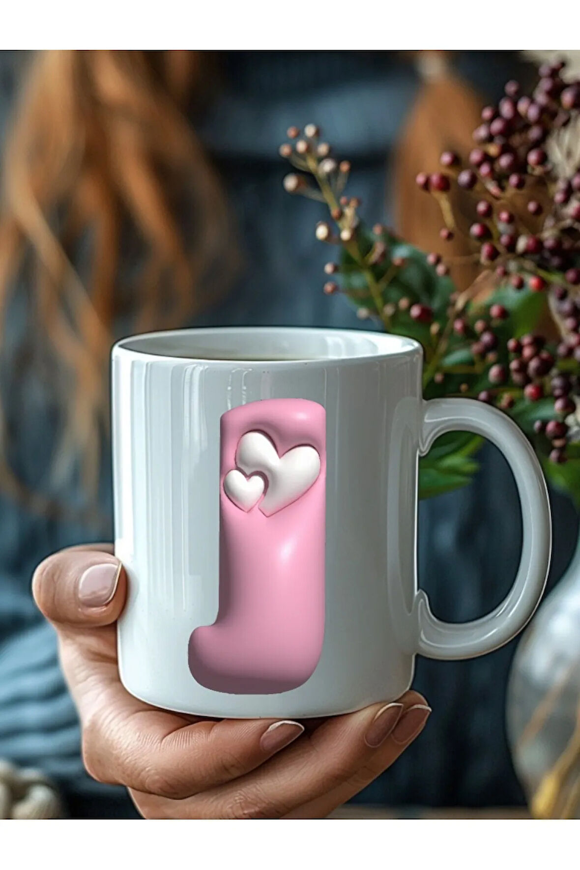 Kalpli Harf Şeklinde Kişiye Özel 3 Boyutlu Tasarım Seramik Kupa Mug - Hediyelik