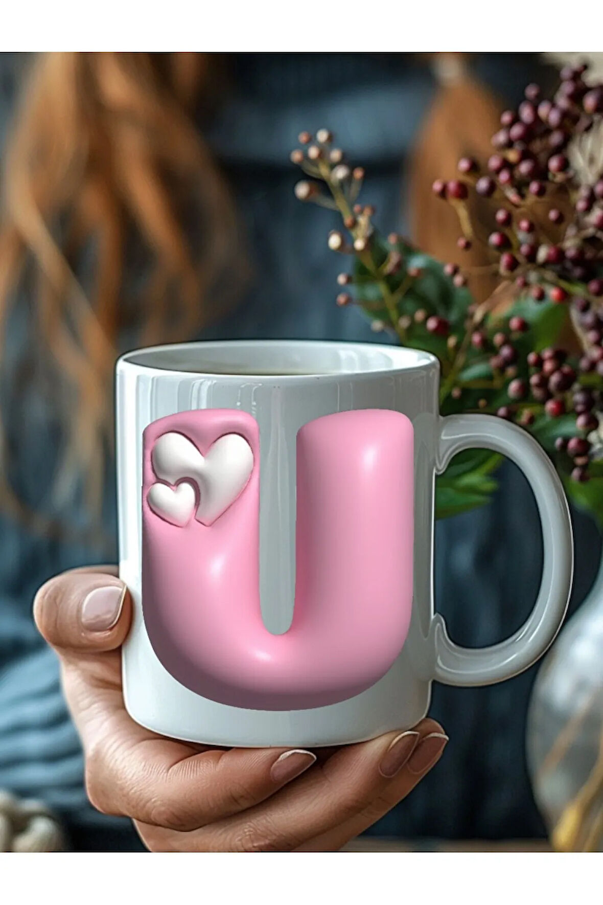 Kalpli Harf Şeklinde Kişiye Özel 3 Boyutlu Tasarım Seramik Kupa Mug - Hediyelik