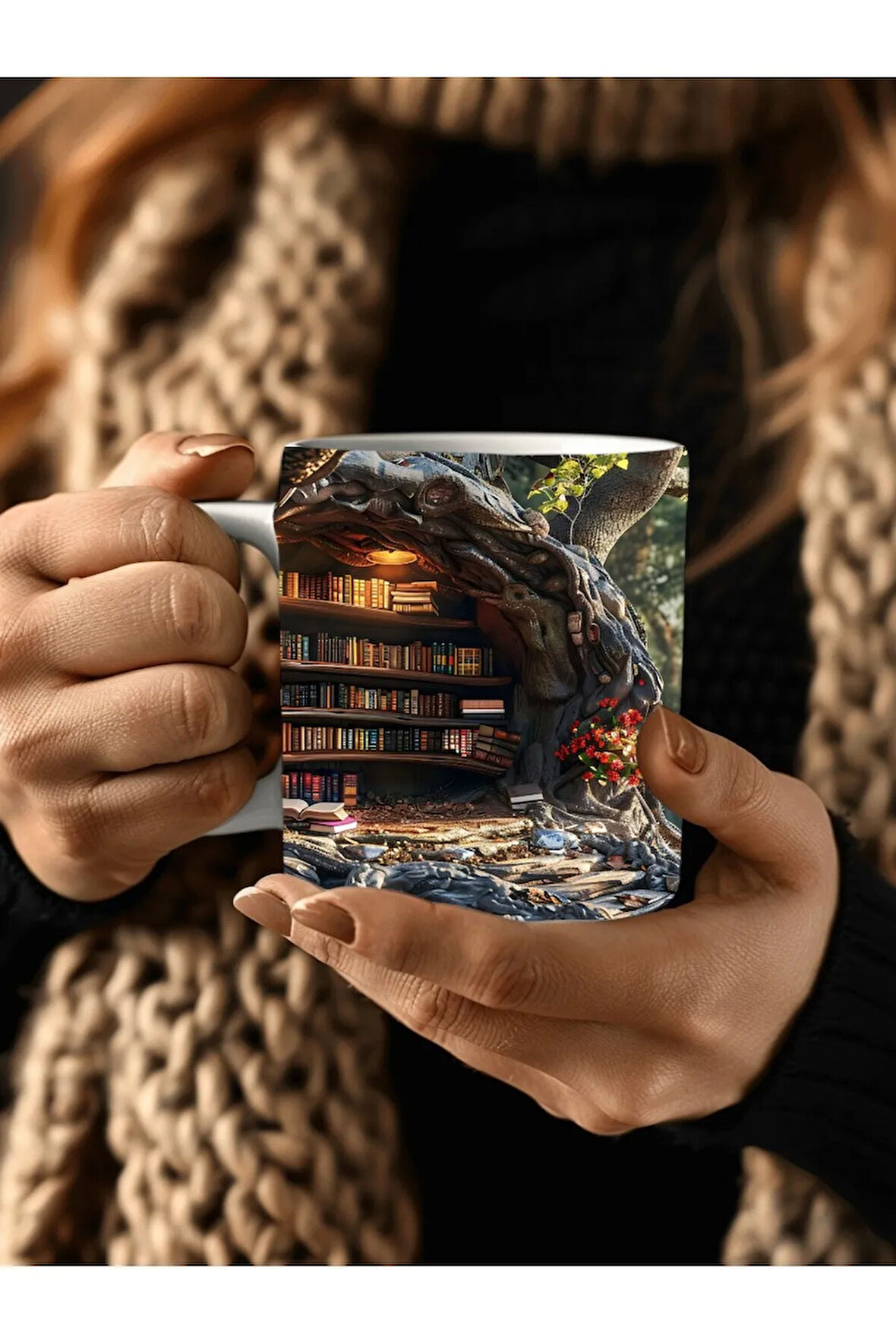 Mağara Ve Ağaç İçi Kitaplık Kütüphane Baskılı 3D Tasarım Seramik Kupa Mug - Hediyelik