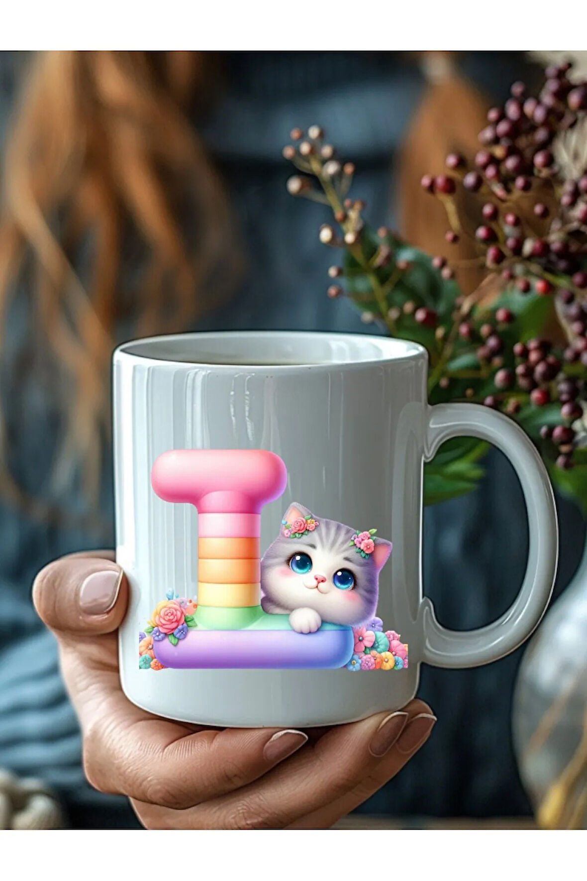 Kedili Harf Şeklinde Kişiye Özel 3 Boyutlu Tasarım Seramik Kupa Mug - Kupa Bardak