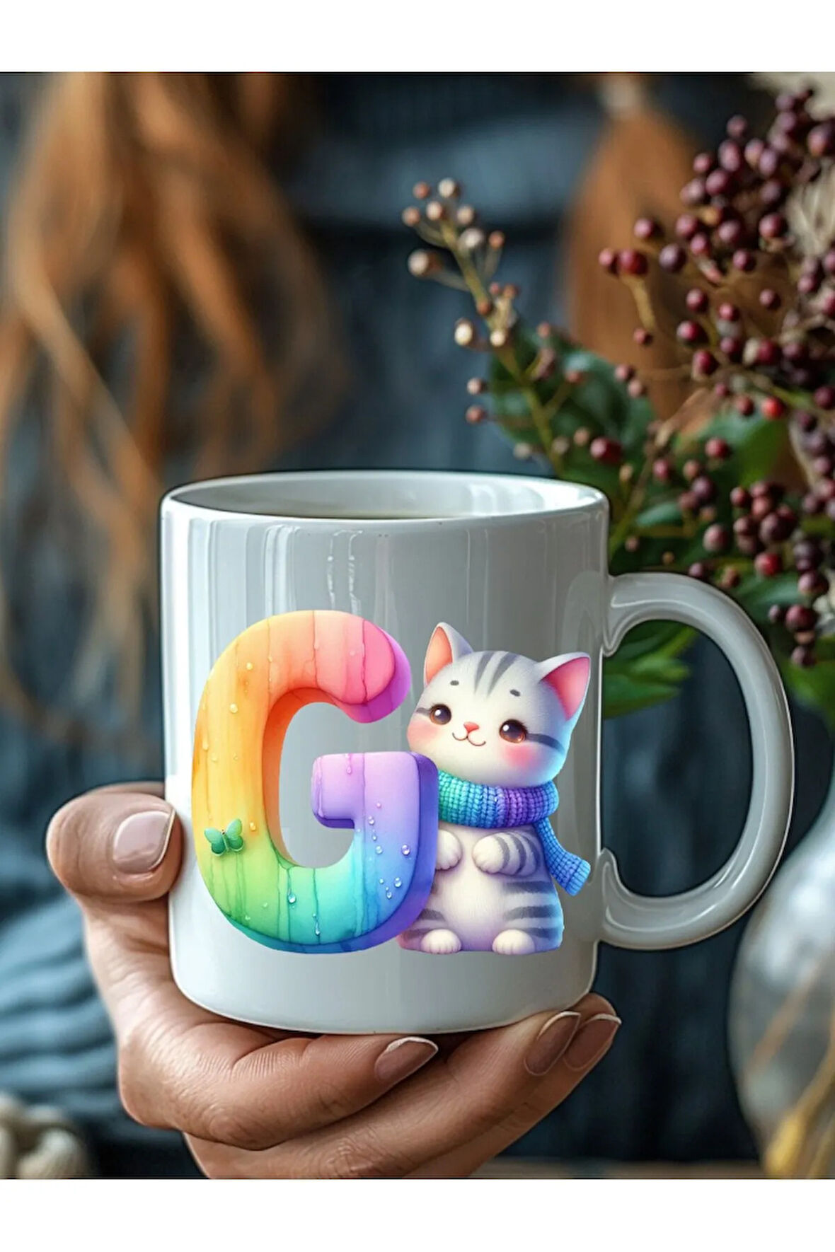 Kedili Harf Şeklinde Kişiye Özel 3 Boyutlu Tasarım Seramik Kupa Mug - Hediyelik Kupa Bardak