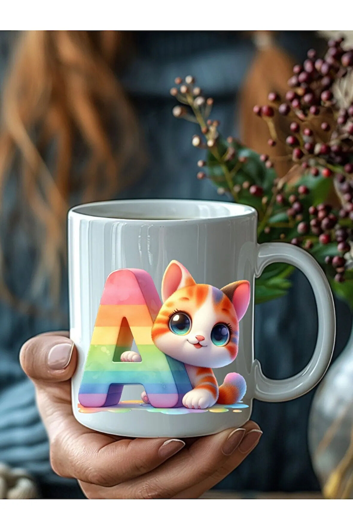Kedili Harf Şeklinde Kişiye Özel 3 Boyutlu Tasarım Seramik Kupa Mug - Hediyelik Kupa Bardak