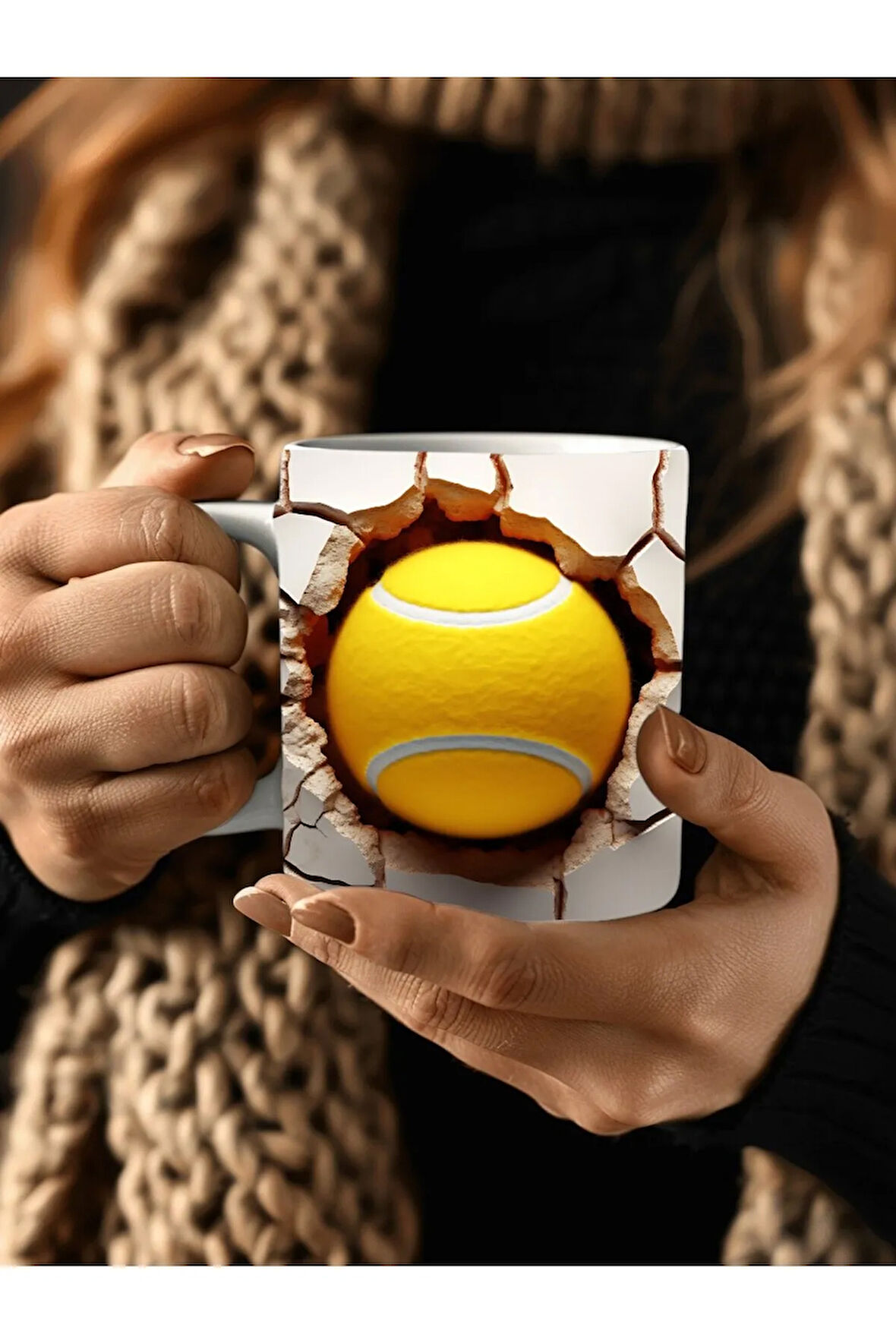 Tenis Topu Çatlak Duvar Temalı 3 Boyutlu Tasarım Seramik Kupa Mug - Hediyelik Kupa