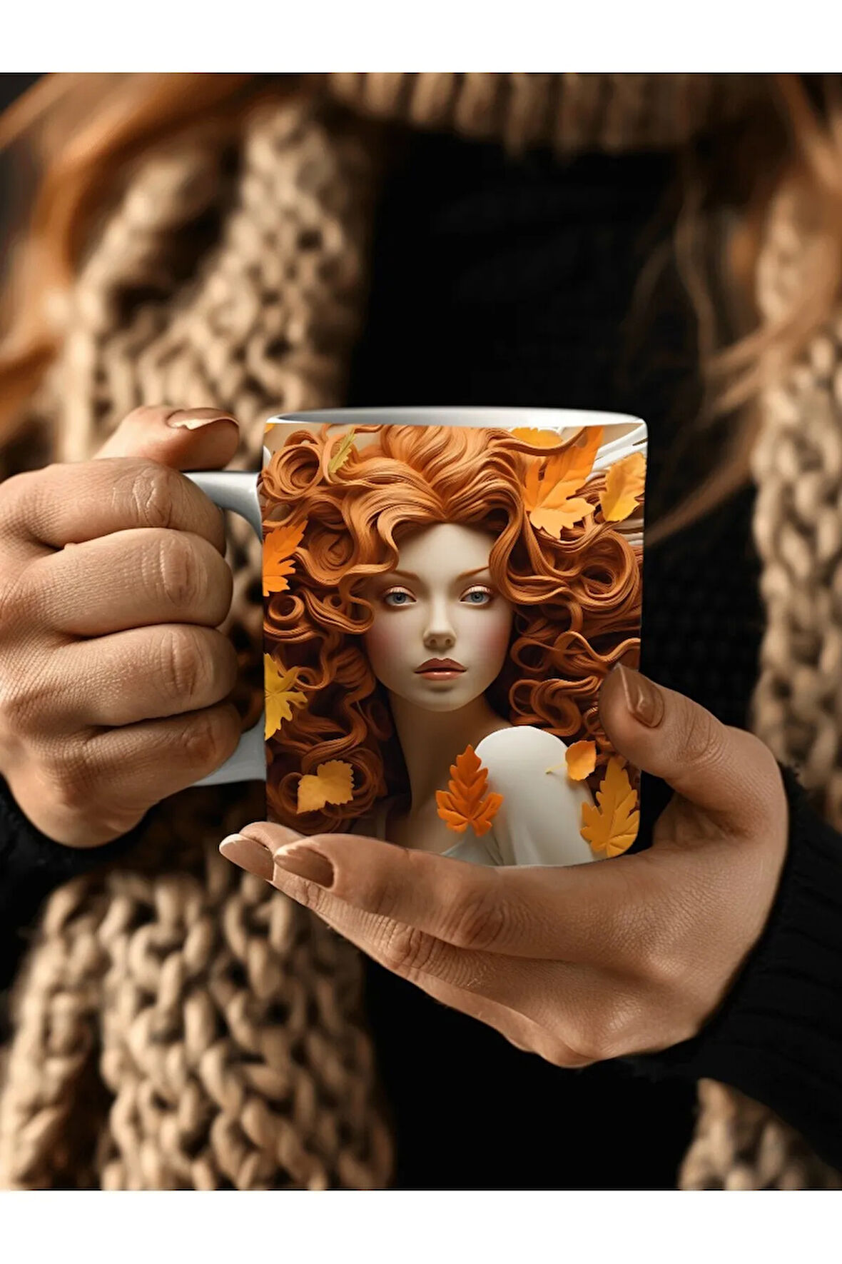 Sonbahar Yaprak Ve Kadın Temalı 3 Boyutlu Tasarım Seramik Kupa Mug - Hediyelik Kupa