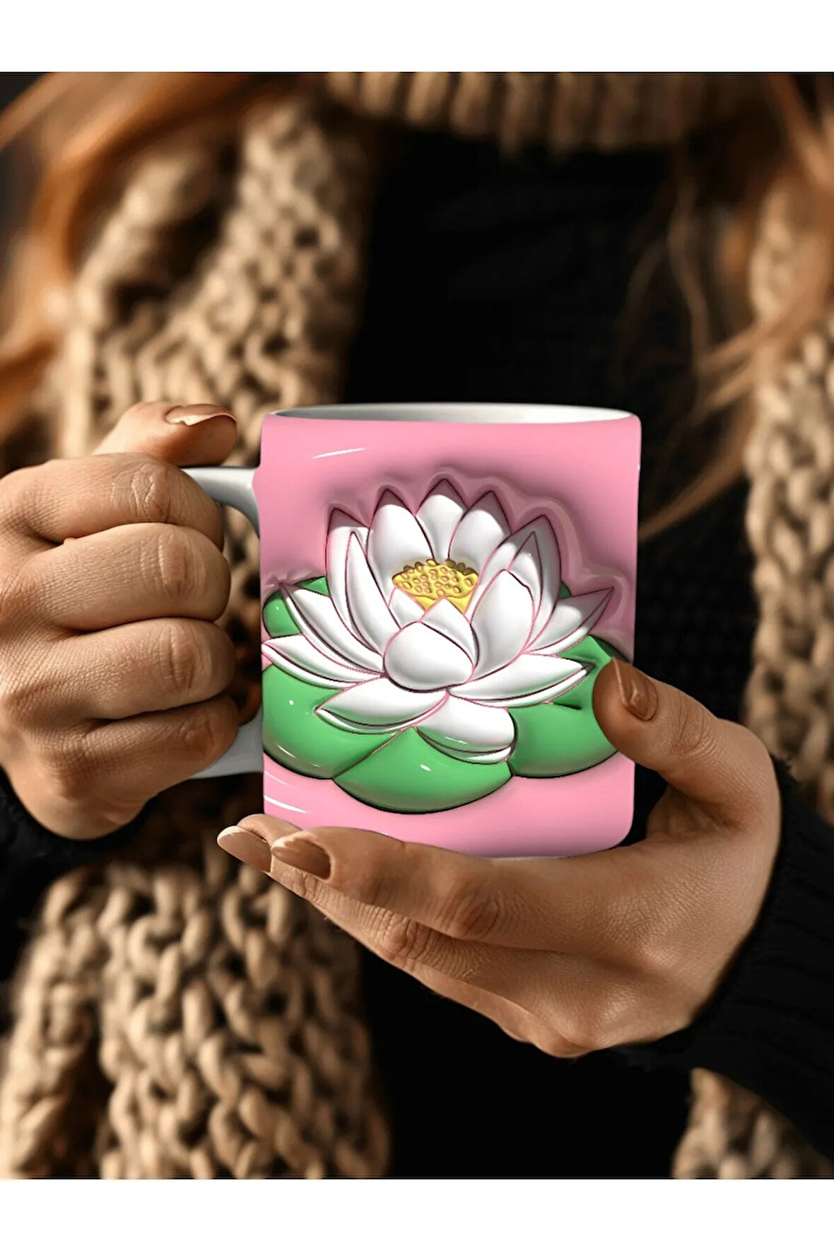 Çiçek Baskılı 3D Tasarım Seramik Kupa Mug - GÜL - LALE - LOTUS - NİLÜFER - PAPATYA -