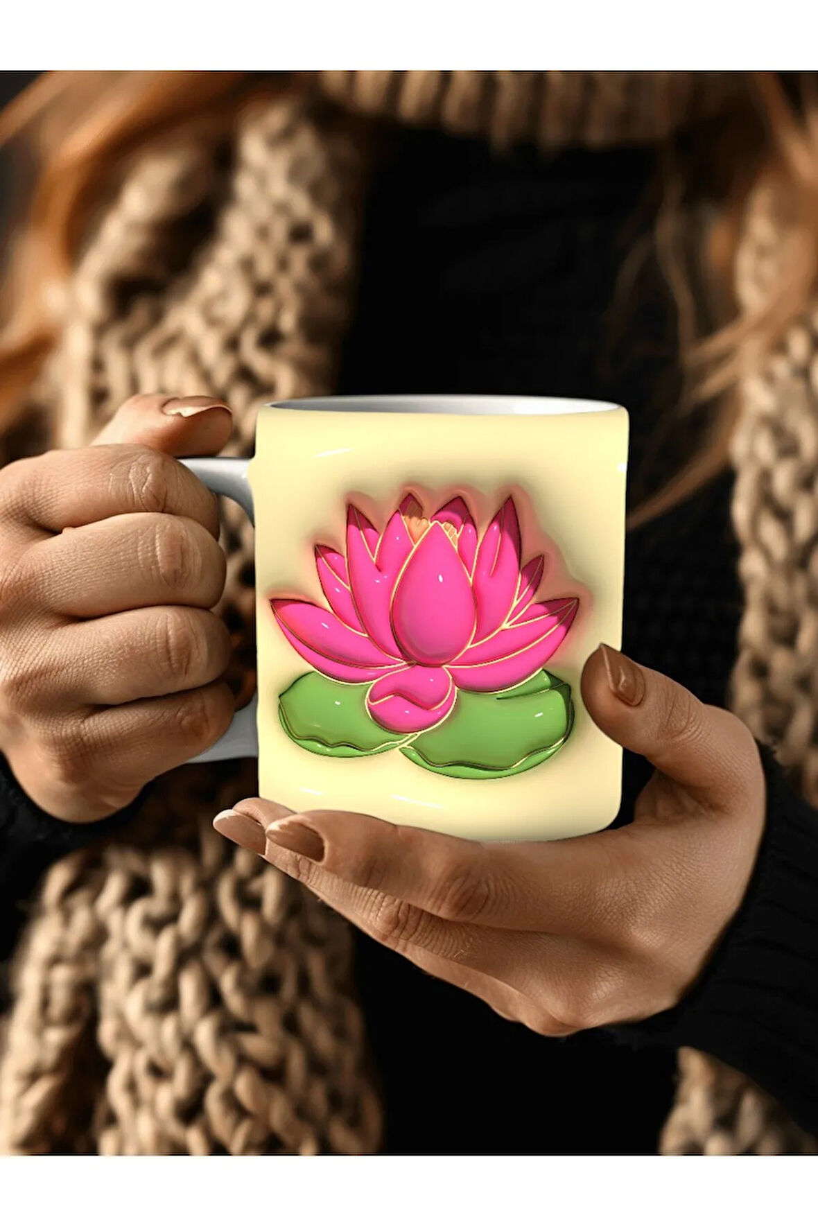 Çiçek Baskılı 3D Tasarım Seramik Kupa Mug - GÜL - LALE - LOTUS - NİLÜFER - PAPATYA -