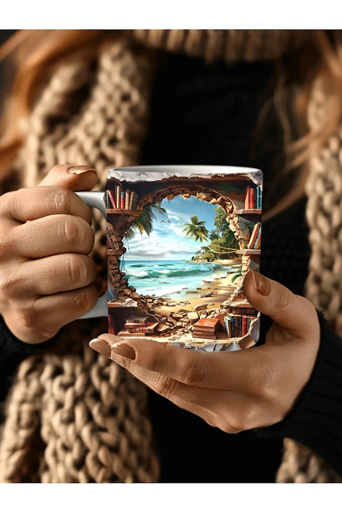 Kitaplık Kütüphane Baskılı 3D Tasarım Seramik Kupa Mug - Hediyelik Kupa Bardak