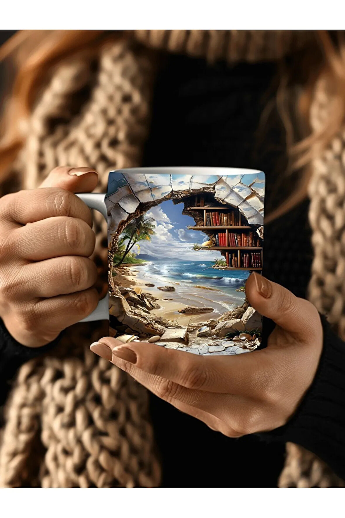 Kitaplık Kütüphane Baskılı 3D Tasarım Seramik Kupa Mug - Hediyelik Kupa Bardak
