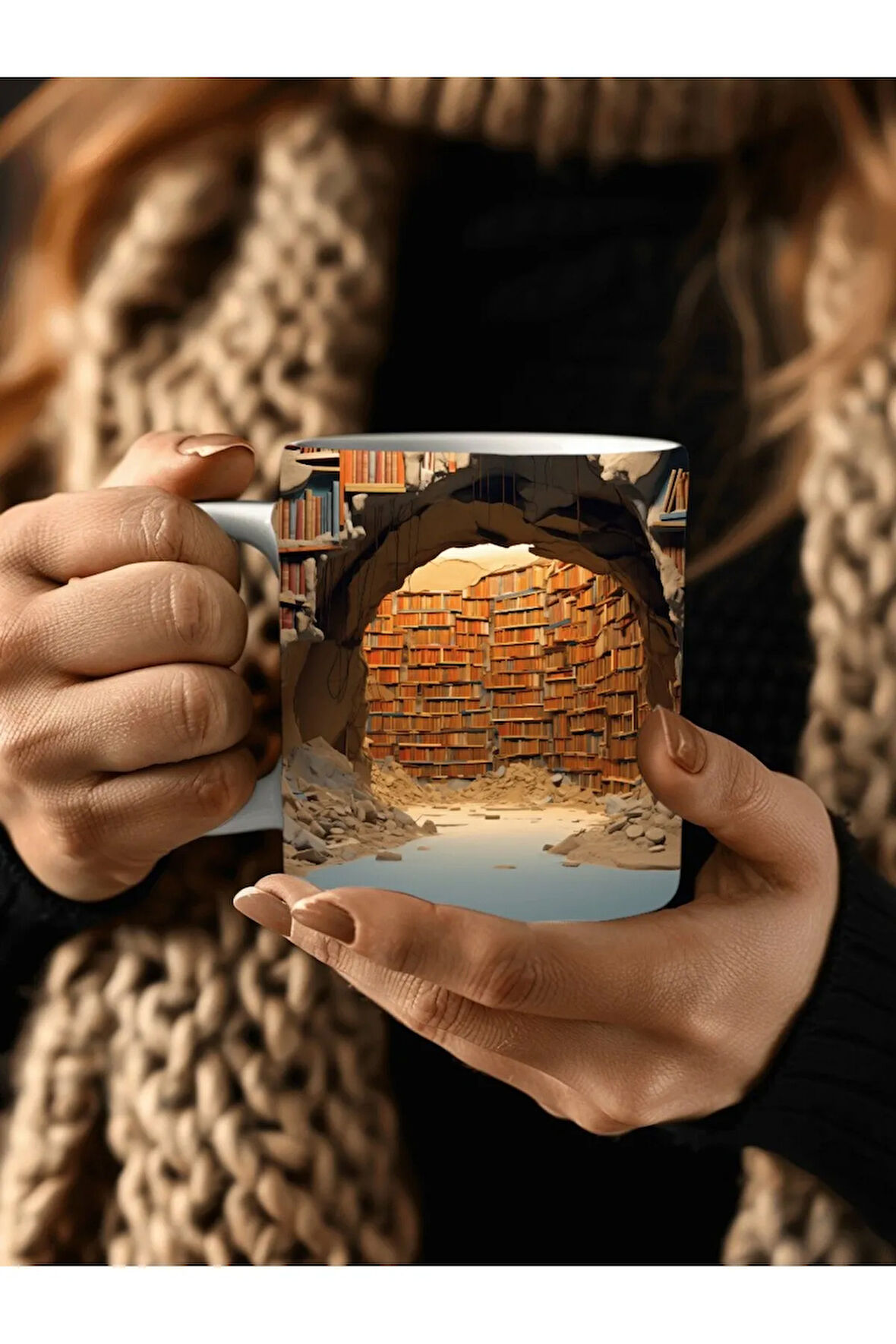 Kitaplık Kütüphane Baskılı 3D Tasarım Seramik Kupa Mug - Hediyelik Kupa Bardak