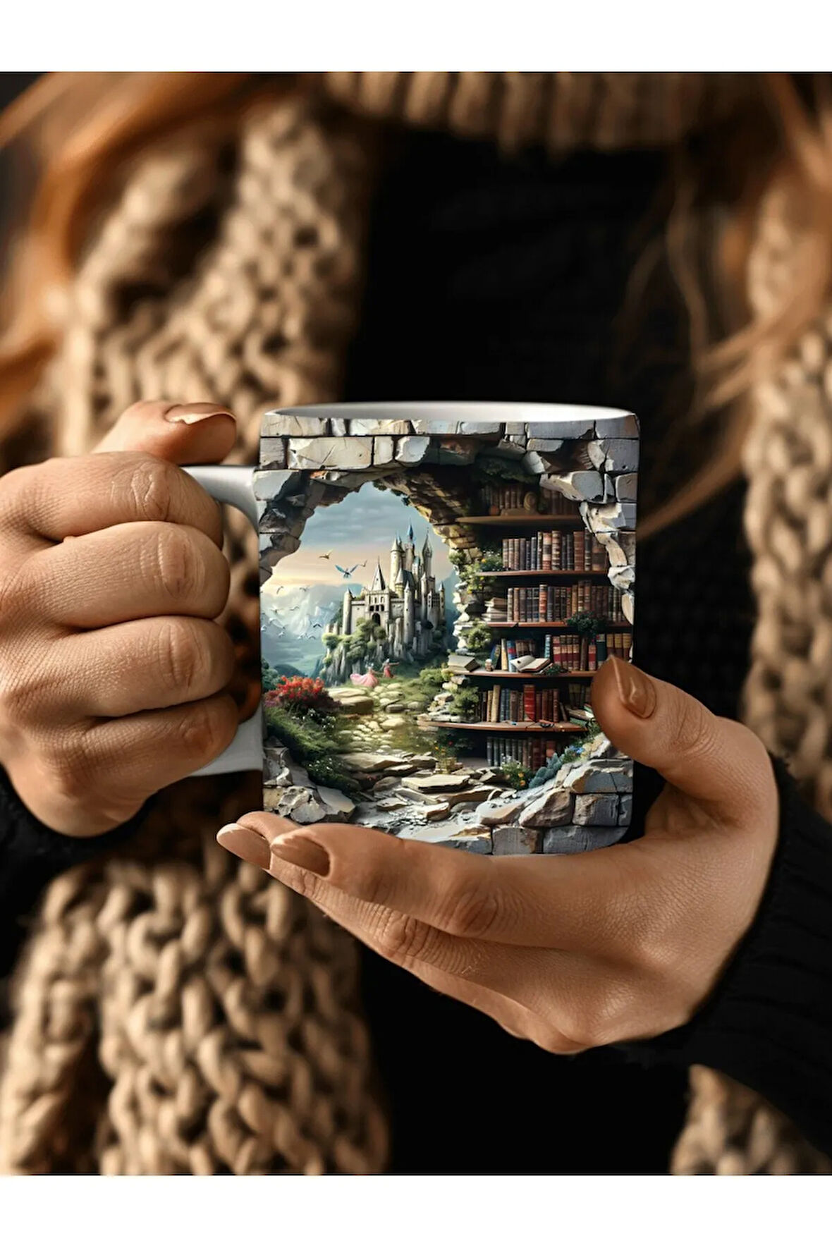 Kitaplık Kütüphane Baskılı 3D Tasarım Seramik Kupa Mug - Hediyelik Kupa Bardak