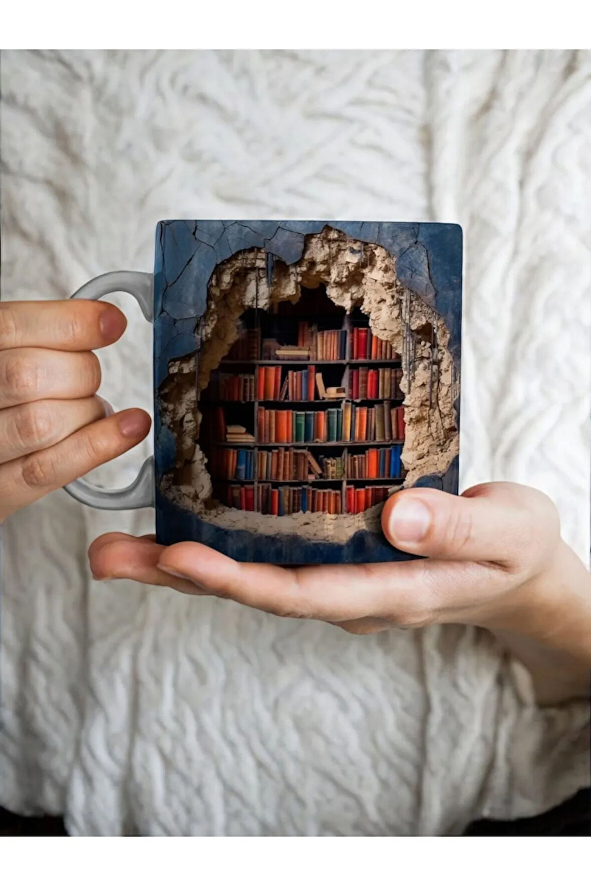 Kitaplık Kütüphane Baskılı 3D Tasarım Seramik Kupa Mug - Hediyelik Kupa Bardak