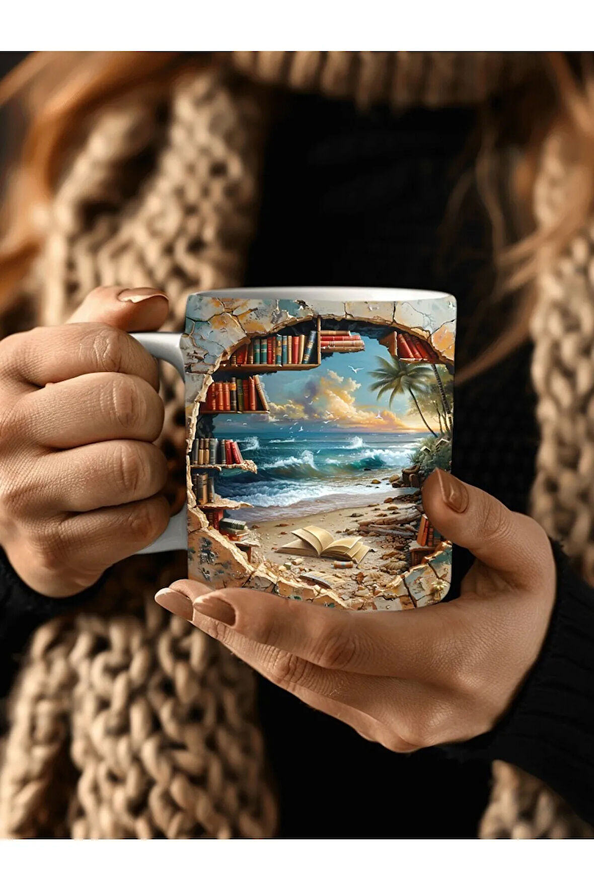 Kitaplık Kütüphane Baskılı 3D Tasarım Seramik Kupa Mug - Hediyelik Kupa Bardak