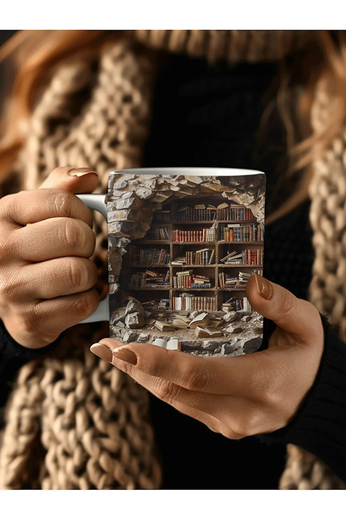 Kitaplık Kütüphane Baskılı 3D Tasarım Seramik Kupa Mug - Hediyelik Kupa Bardak