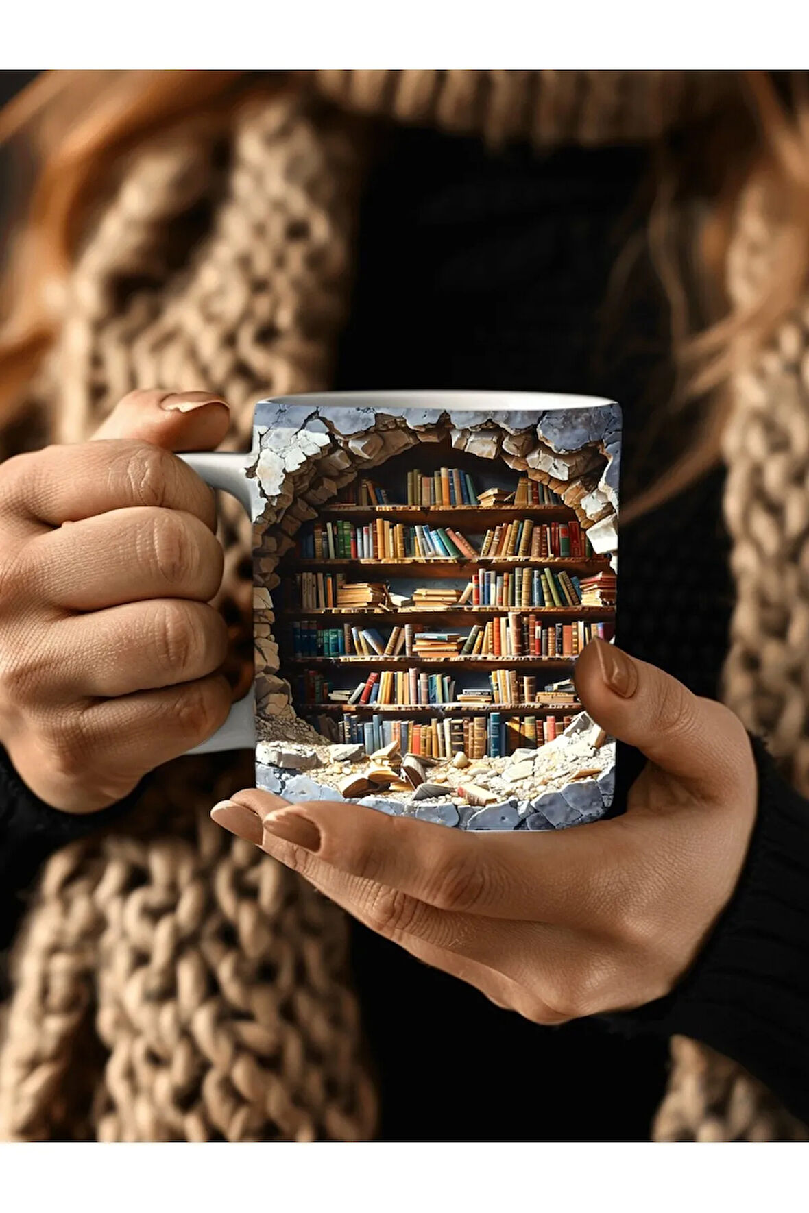 Kitaplık Kütüphane Baskılı 3D Tasarım Seramik Kupa Mug - Hediyelik Kupa Bardak