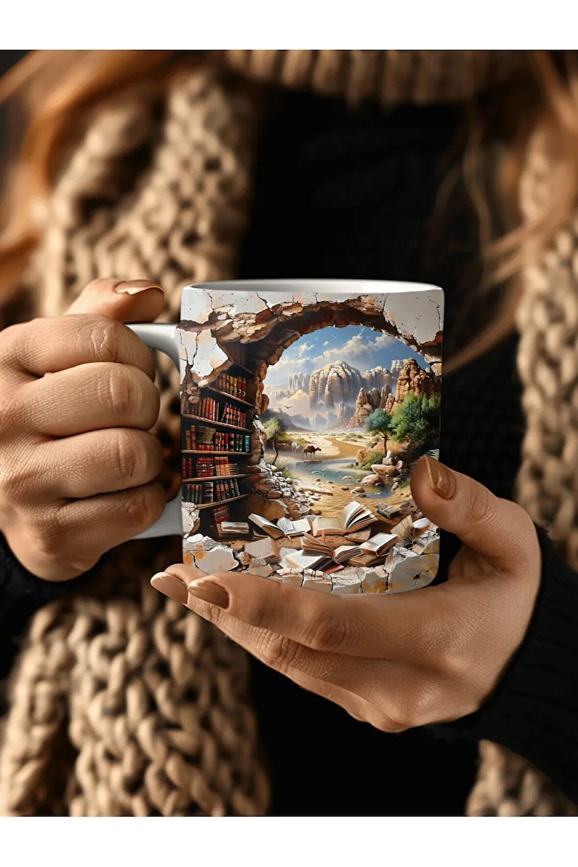 Kitaplık Kütüphane Baskılı 3D Tasarım Seramik Kupa Mug - Hediyelik Kupa Bardak