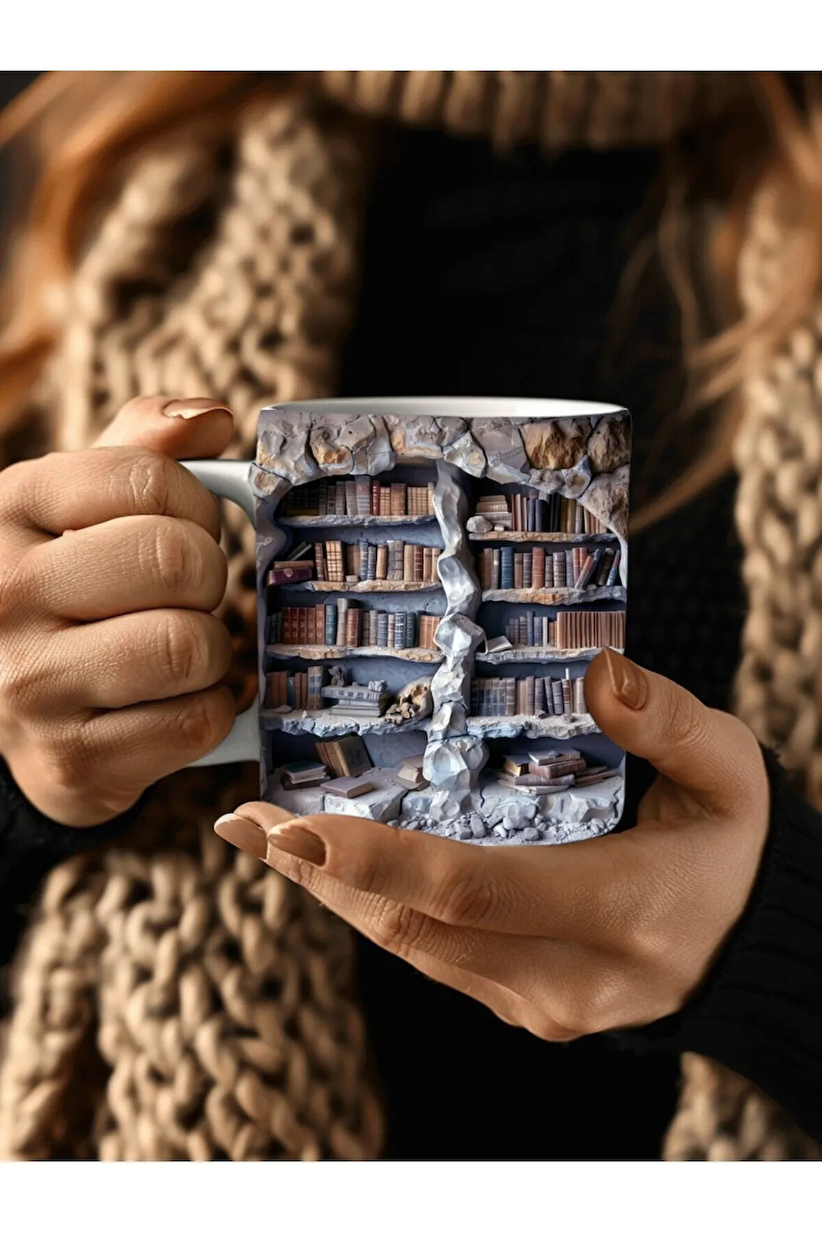 Kitaplık Kütüphane Baskılı 3D Tasarım Seramik Kupa Mug - Hediyelik Kupa Bardak