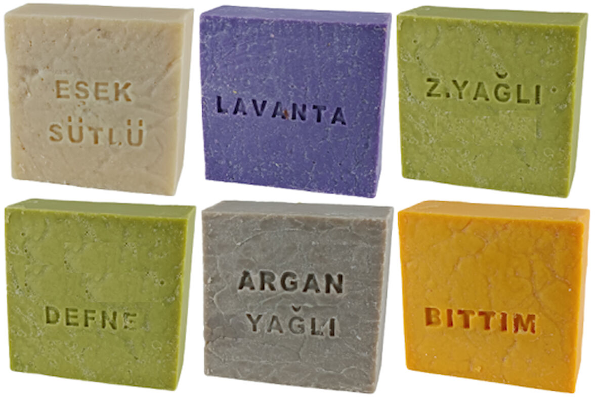 Eşek Sütlü , Lavanta , Bıttım , Argan , Defne Ve Zeytin Yağlı Doğal Sabun Seti 6 Adet