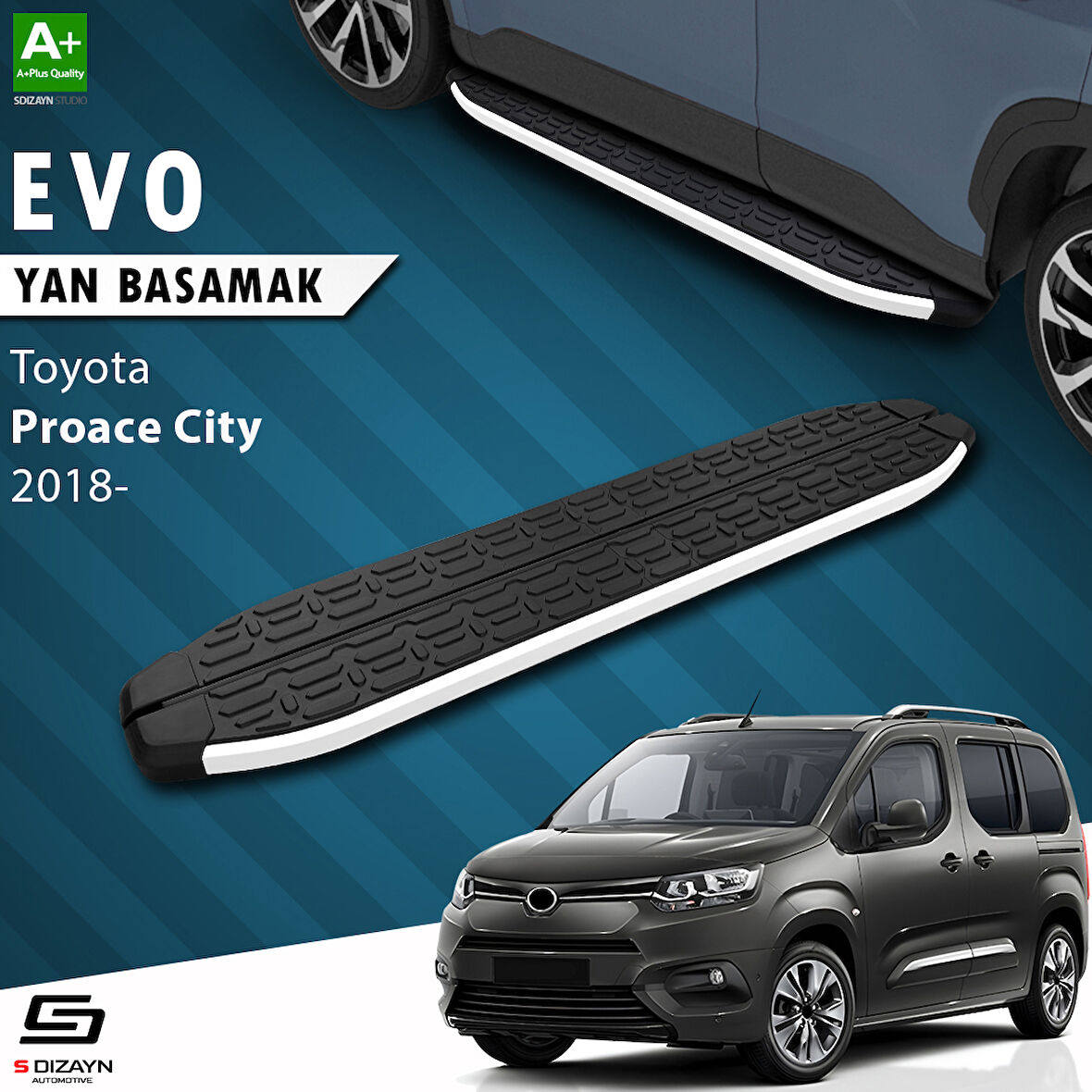 S-Dizayn Toyota Proace City Uzun Şase Evo Aluminyum Yan Basamak 213 Cm 2018 Üzeri A+ Kalite