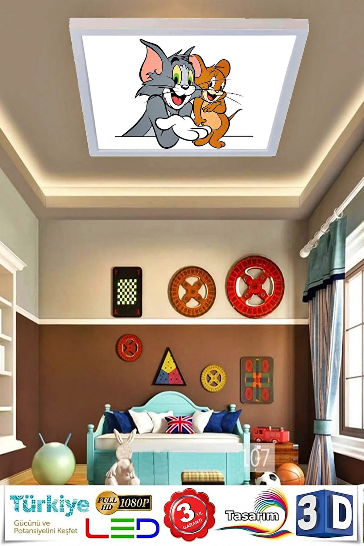 Çocuk Yatak Odası Avize Tom Ve Jerry Ledli Avize 60watt Beyaz Işık, Modern Çerçeve, Led 60x60 Avize