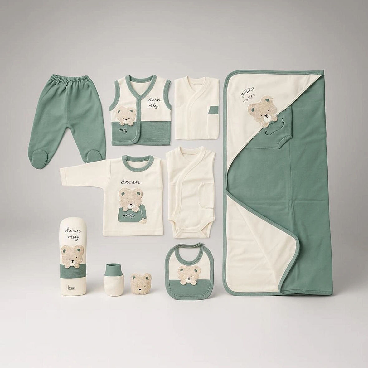 ERKEK BEBEK ORGANİK PAMUK AYI NAKIŞLI 10 LU HASTANE ÇIKIŞ ZIBIN SETİ